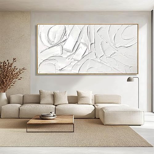Miniatura 7 de XIANSHOU Obra de arte blanca para paredes, arte abstracto contemporáneo pintado a mano de 29 x 58 pulgadas, arte de pared grande para sala de estar,
