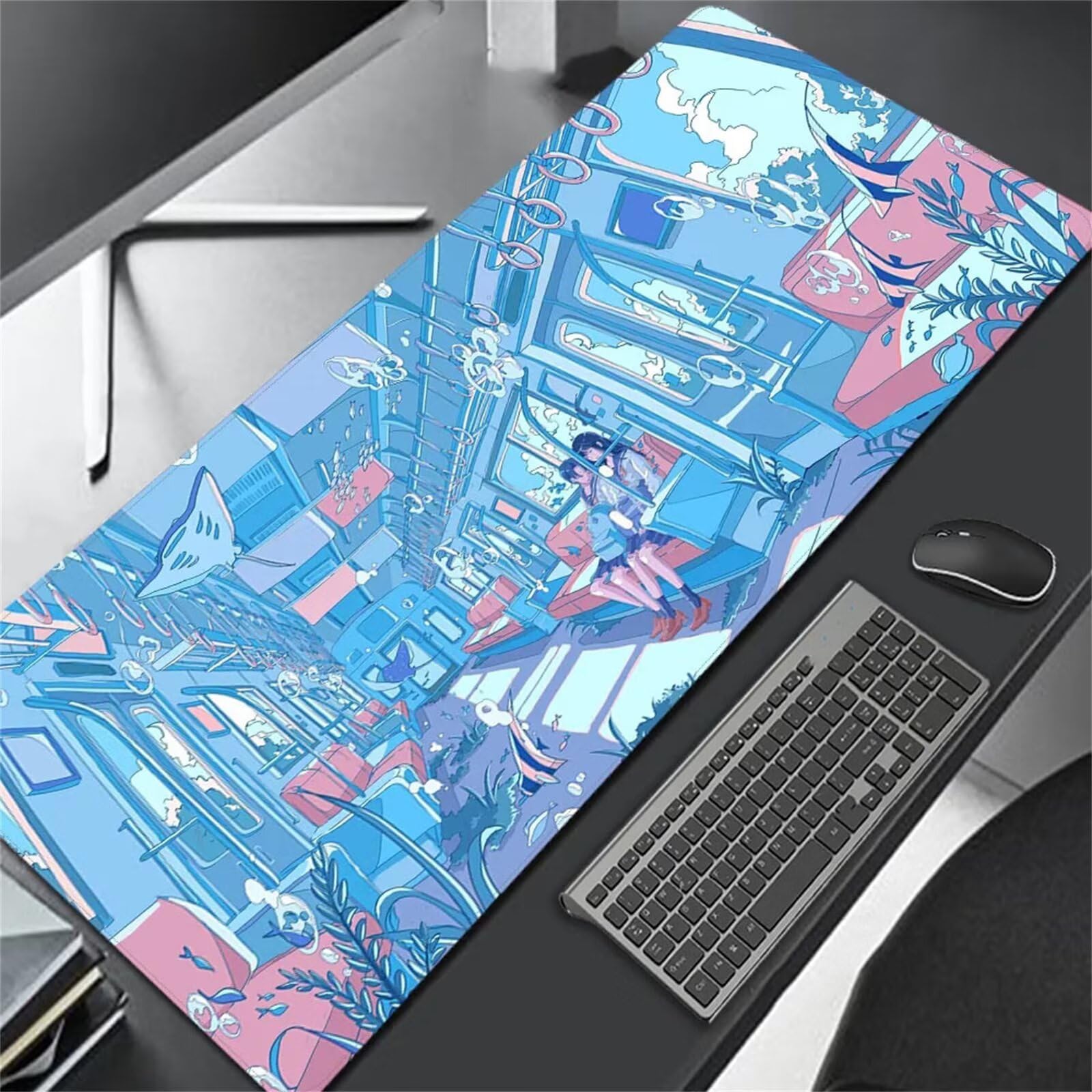 Alfombrilla de Ratón Grande XXL 1200x600x2mm Gaming Mouse Pad Anime Chicas Azules Alfombrilla Escritorio con Bordes Cosidos Textured Superficie Lavable Velocidad para PC, portátil