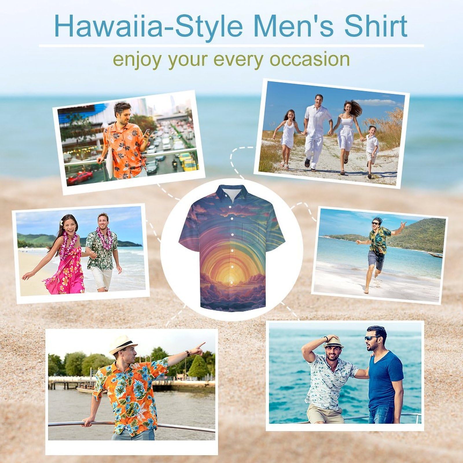 Camicie a Maniche Corte da Uomo - Camicie da Spiaggia con Stampa Cielo Arcobaleno Arte retrò, Funky Estiva Cool Camicia Hawaiana Monopetto Camicia S-7XL