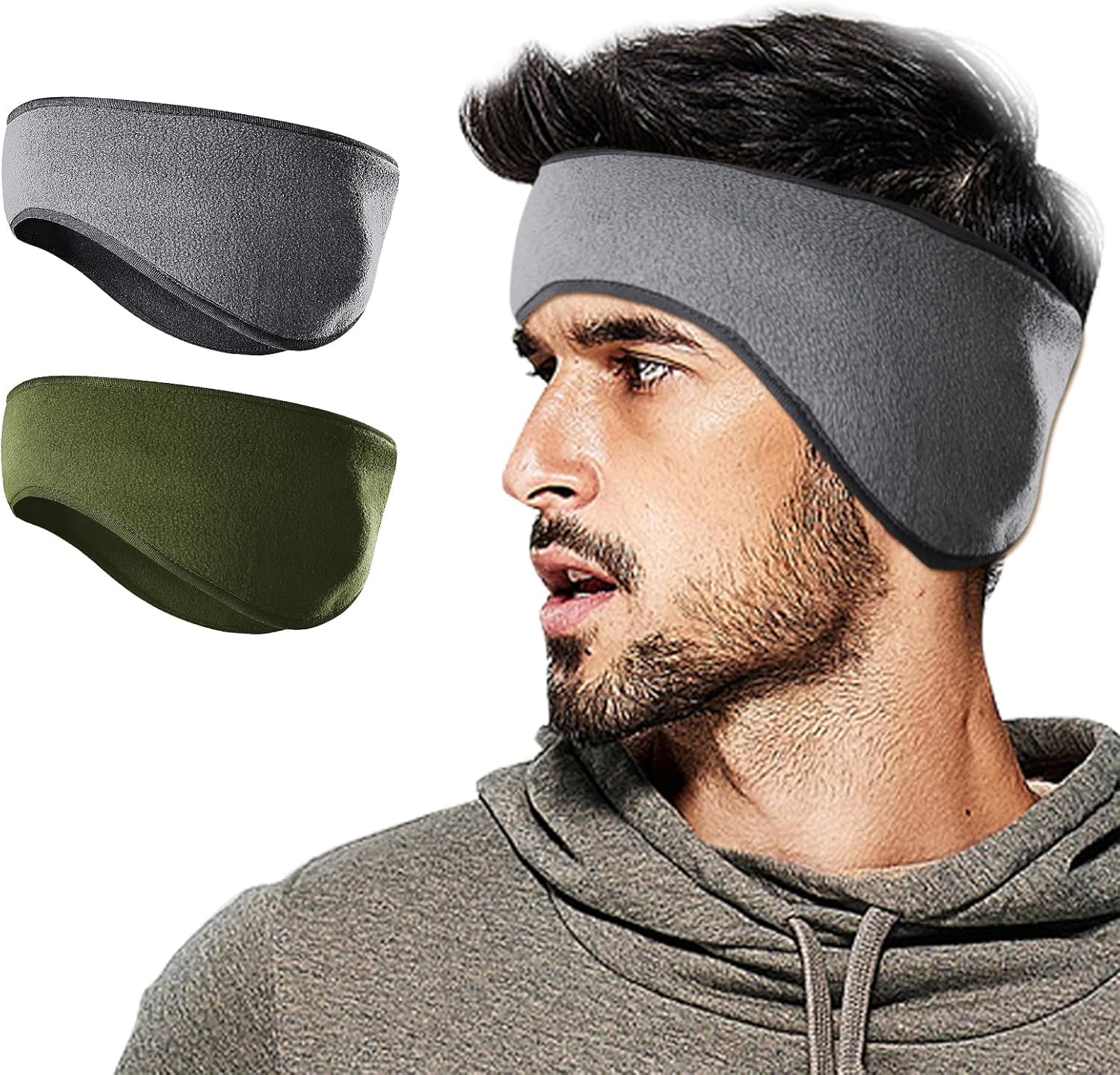 Winter Fleece Ear Warmers Muffs Headband for Men Women Kids Ski Running Cycling (Earmuffs Grey And Green)