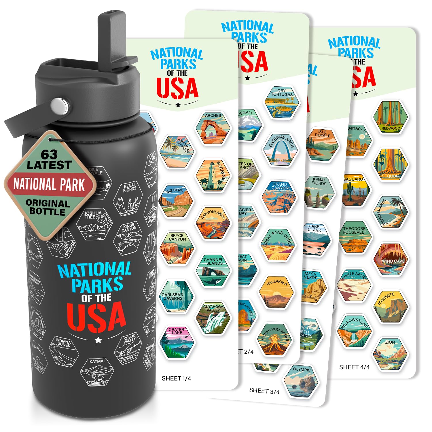 National Parks Water Bottle With Waterproof Stickers Wrap Around- Stainless Steel Insulated Vacuum Sealed 32 oz With Leak Proof Lid (National Park