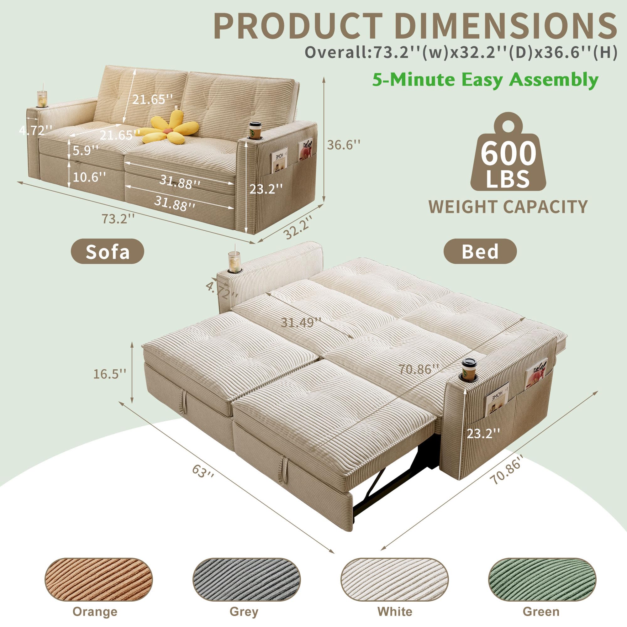 73.2'' Sleeper Sofa Full Size, Pre-Assembled Corduroy Futon, Beige | Convertible Pull Out Couch with Adjustable Backrest, Cup Holders, Pockets, USB, Loveseat for Living Room, Apartment