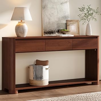 YANSNWO 63" Console Table with 3 Drawers, Modern Entryway Table, Walnut