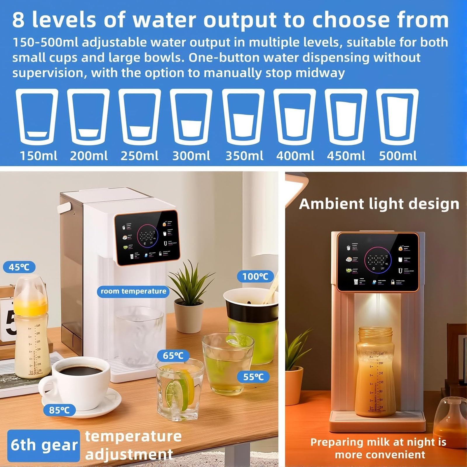 2000-W-Wasserfilterspender Mit Sofort-Kalt- Und Heißwasserfunktion, 3 Liter Fassungsvermögen, 6 Temperaturstufen + 8 Wassermengeneinstellungen, Für Zuhause, Büro Und Schule,White
