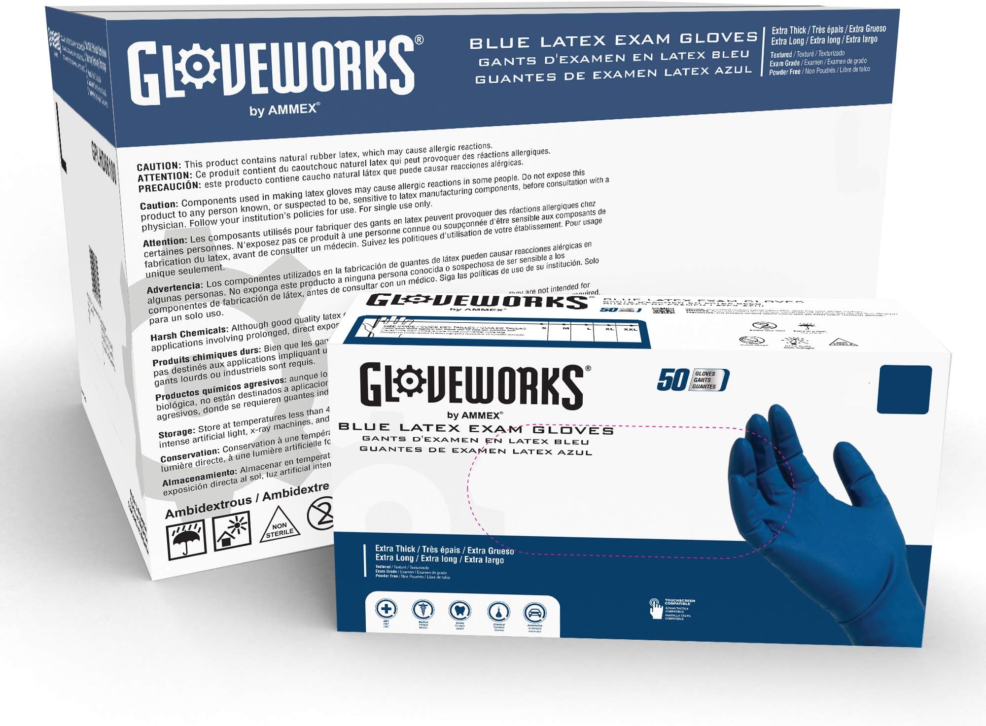 GLOVEWORKSHD Medical Blue Latex Gloves, Case of 500, 13 Mil, Size Large, 12 Inches Long, Powder Free, Textured, Disposable, Non-Sterile, GPLHD86100