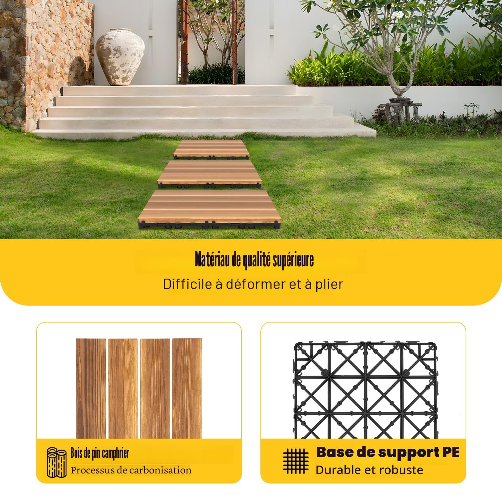 Dalle Terrasse Exterieur, 36x(30,3x30,3cm) Terrasse Exterieur, Dalle Clipsable Exterieur, Bois Massif de Mélèze Carbonisé, Antidérapant, Revetement de Sol pour Balcon, Jardin, Piscine