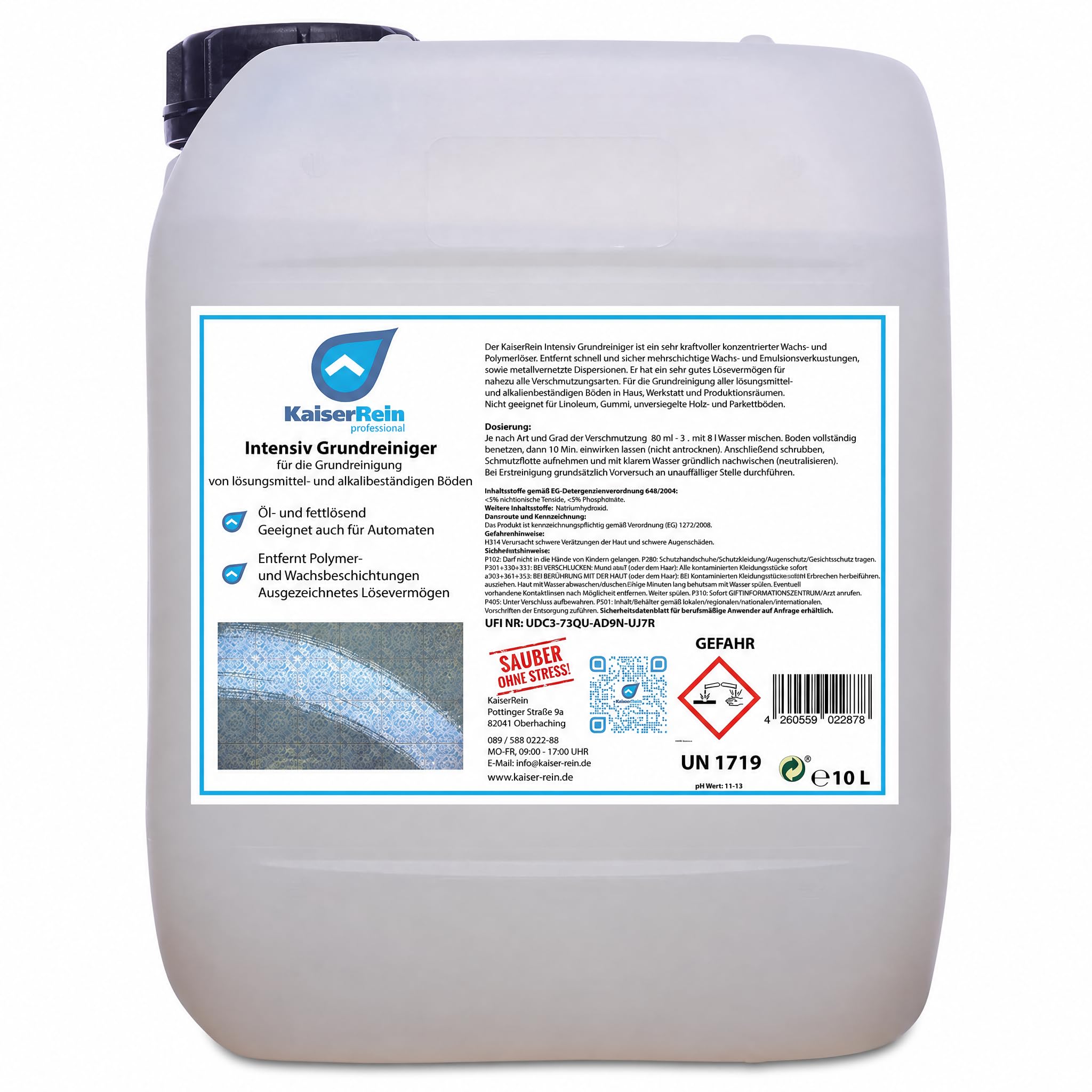 KaiserRein Grundreiniger Intensiv-Bodenreiniger Konzentrat, 10 L Kanister, entfernt Wachs/Polymer, öl- und fettlösend, für Fliesen, Stein, Laminat, Reinigungsautomaten, alkalischer Reiniger