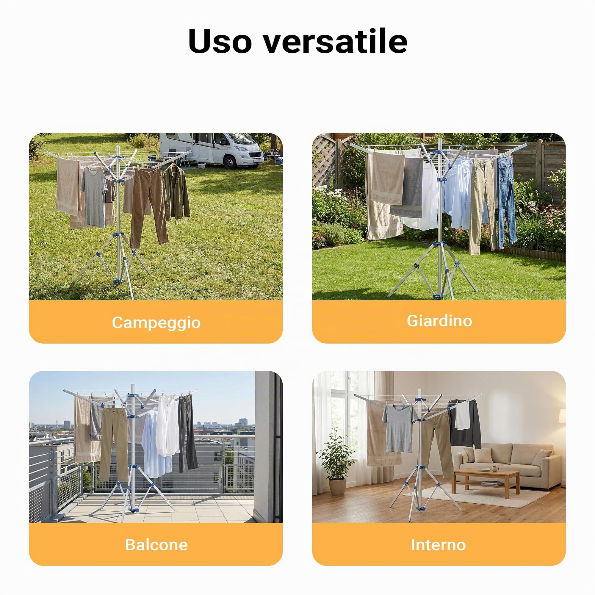 Wiltec Stendibiancheria a ombrello mobile 16 m di fili 4 Bracci Stendino in alluminio alto 155 cm