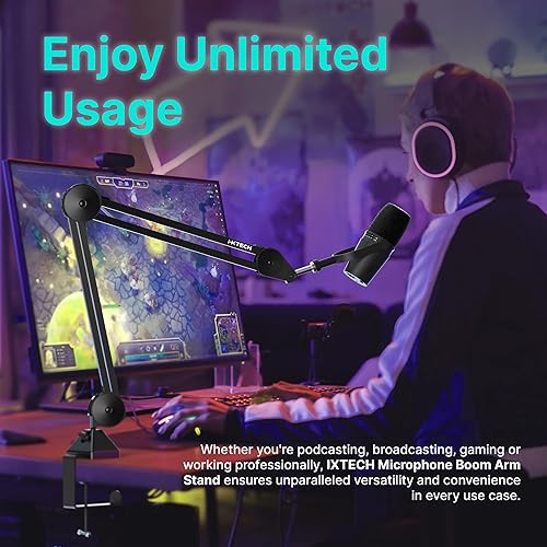 Miniatura 5 de IXTECH Soporte de brazo para micrófono, soporte de micrófono ajustable resistente con bridas para cables, soporte de brazo de montaje en escritorio