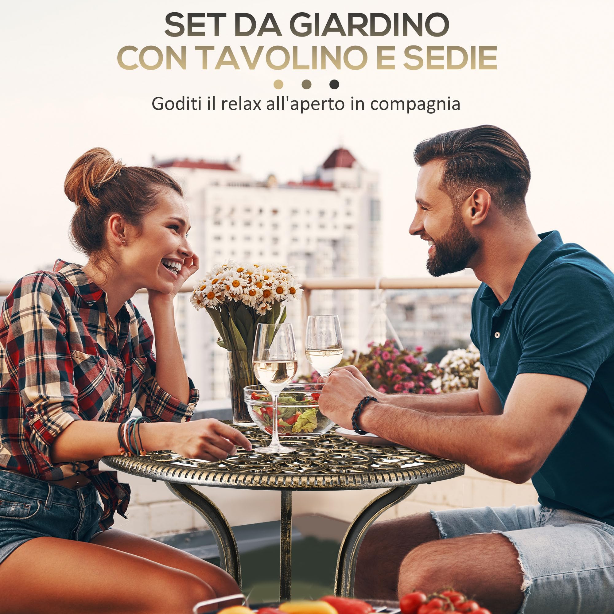 Outsunny Set Bistrò da Giardino 3 Pezzi con Foro per Ombrellone Bronzo | 2 Sedie da Giardino e Tavolino Rotondo, Set Tavolo e Sedie in Alluminio, per Patio Cortile Esterno