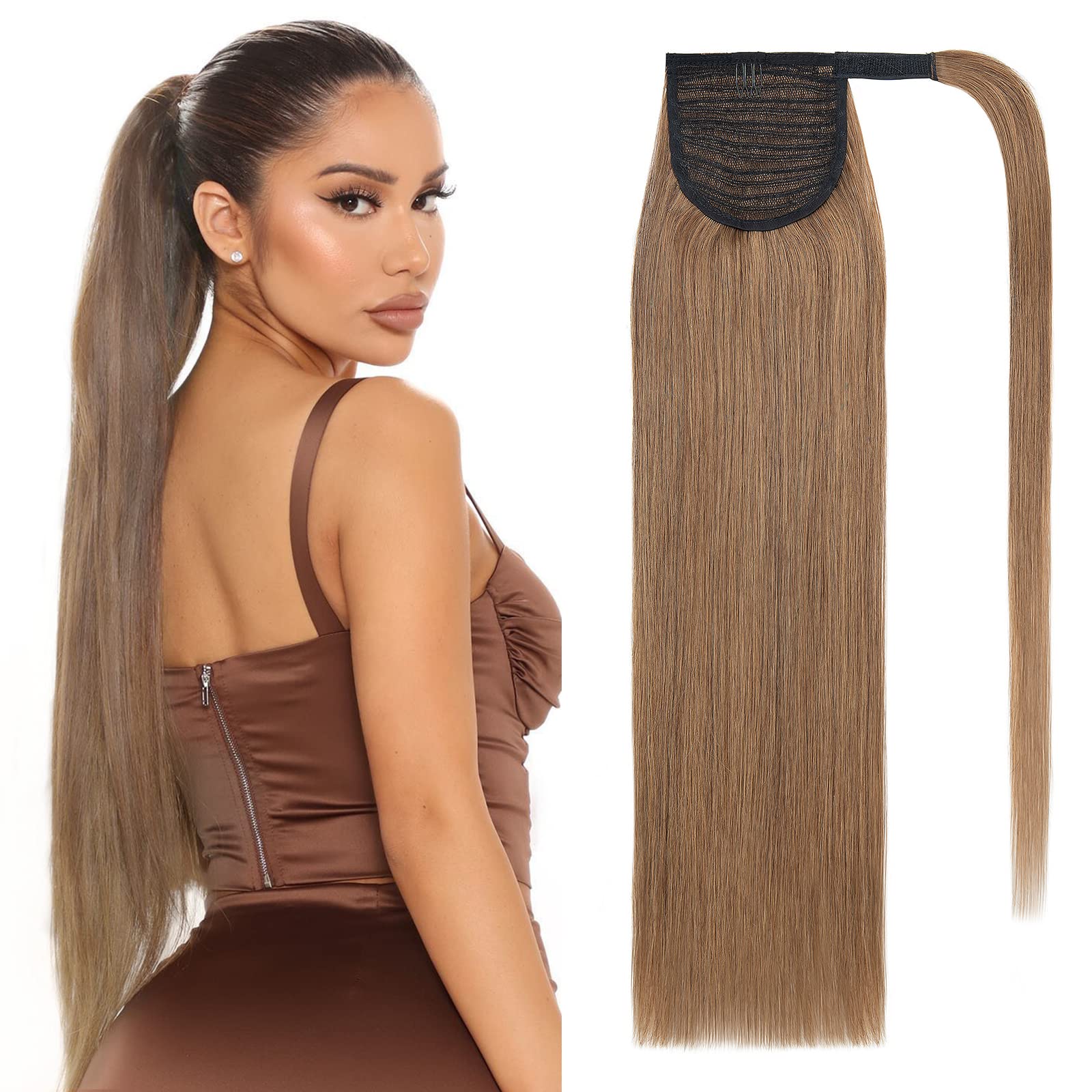 TESS Ponytail Extension Echthaar 50 cm Lang 95g Glatt Gewickelt Pferdeschwanz Haarteil Echthaar Wrap around für Frauen (50 cm-#6 hellbraun)