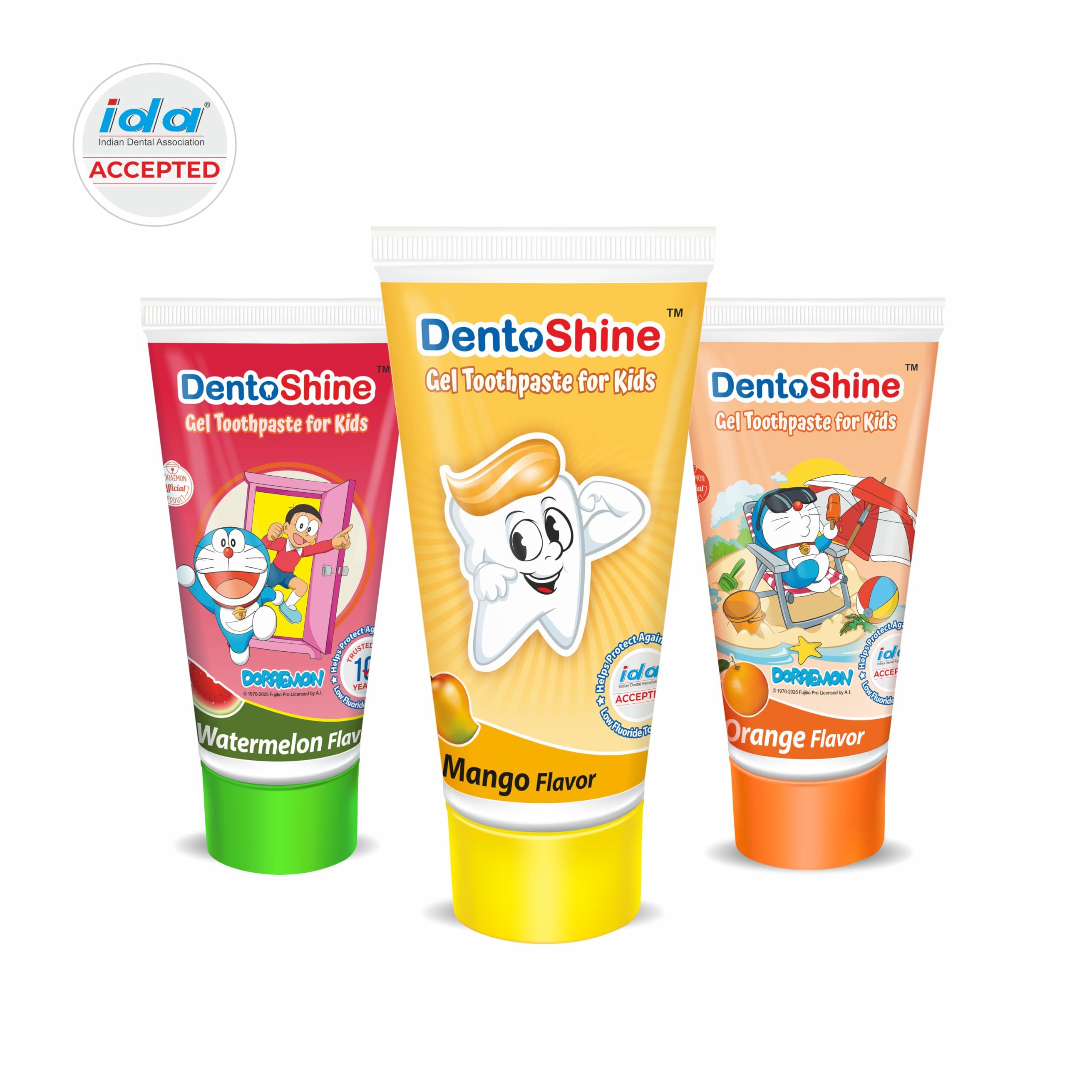 DentoShine Gel Toothpaste for Kids | Pack of 3 Flavors (Orange, Mango & Watermelon, 80g each) | IDA Accepted | Ages 2+
