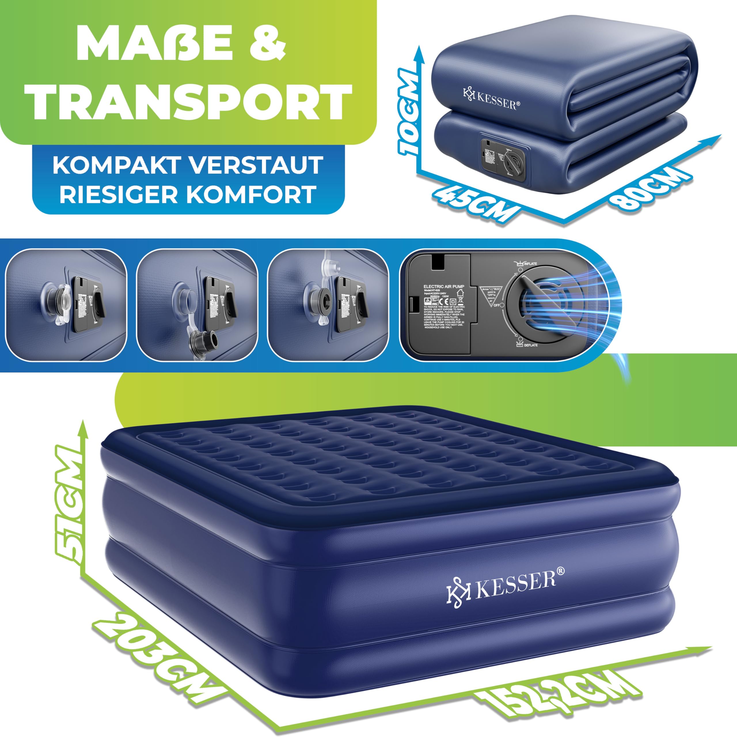 KESSER® Colchón hinchable con bomba eléctrica integrada, colchón de aire para camping o uso doméstico con bolsa, adecuado para 2 personas, 203 x 152,5 x 51 cm