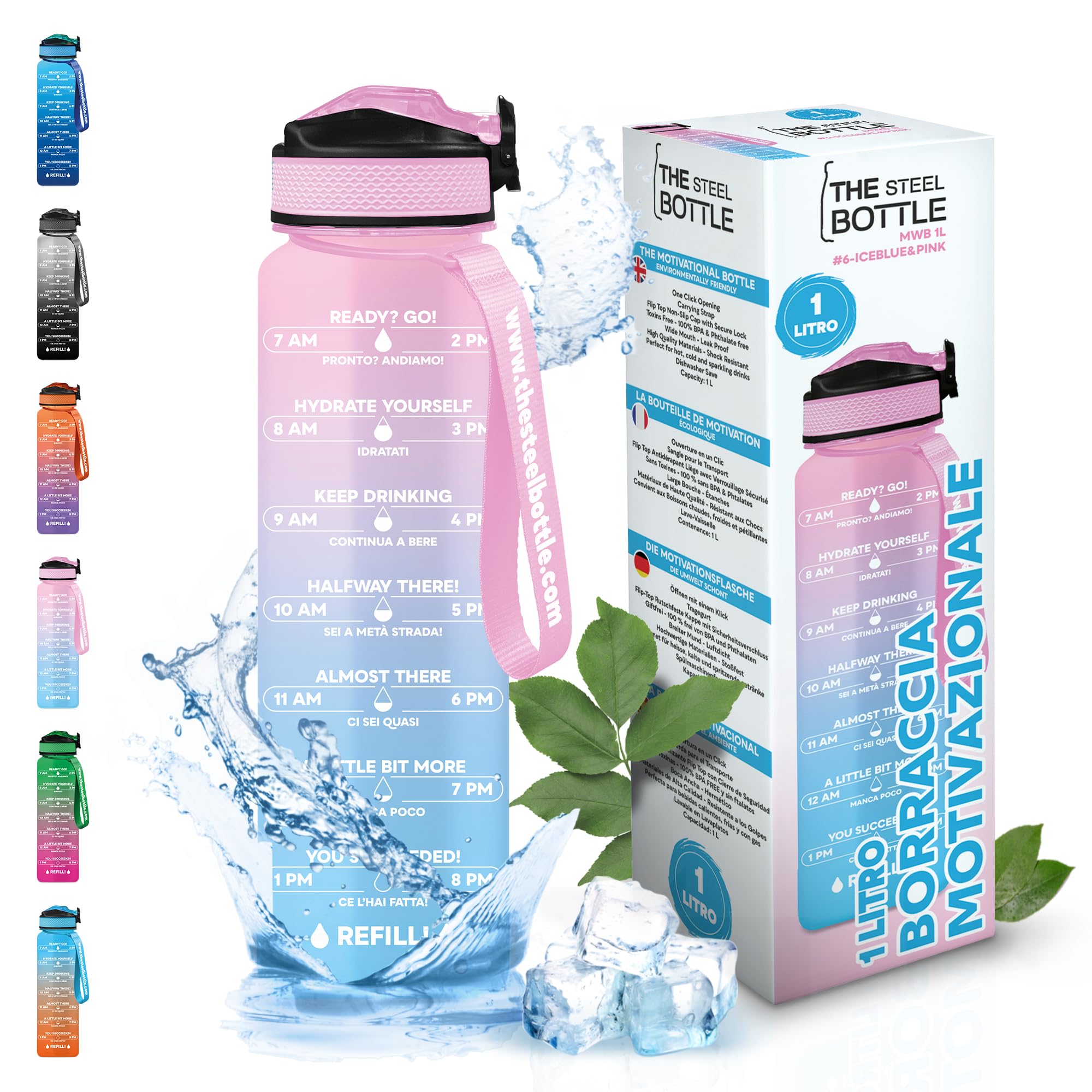 THE STEEL BOTTLE - Botella de agua motivacional deportiva de 1 litro con niveles e indicador de tiempo, pajita y franjas horarias - BPA y Phthalate Free - cierre hermético (Ice Blue & Pink)