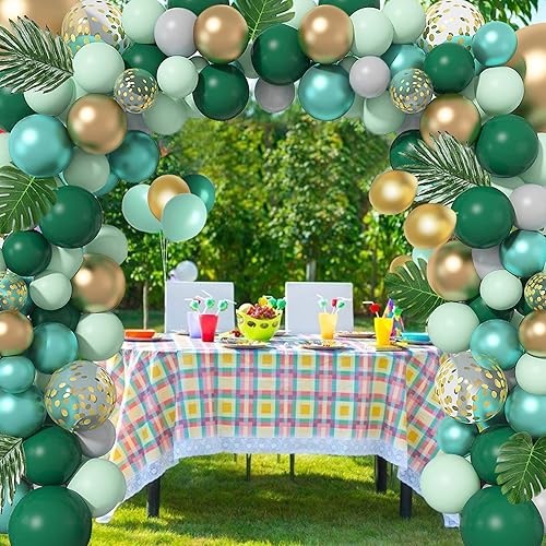 Miniatura 4 de Kit de guirnalda de arco de globos de fiesta de safari en la selva, 139 globos metálicos de confeti dorado y verde con hojas de palma tropicales
