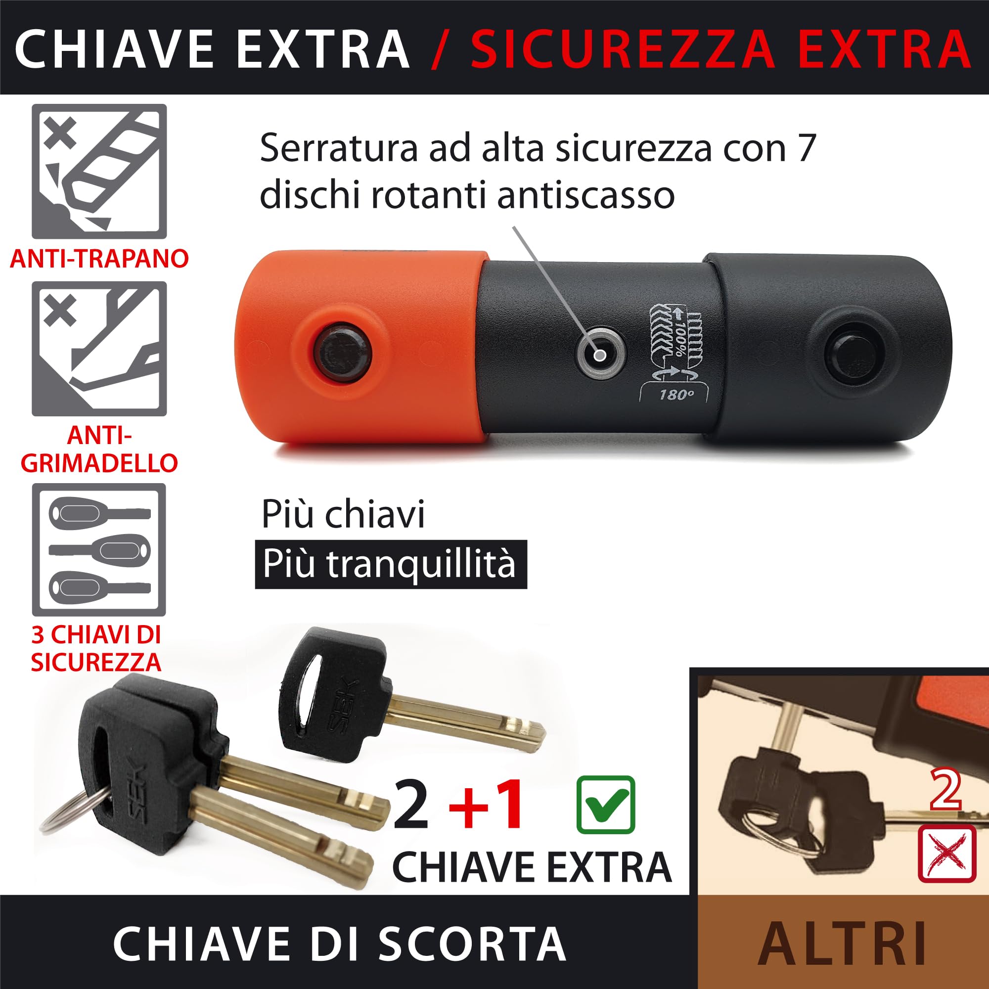 KRASER KR85L Lucchetto a U Blocco Ruota, Alta Sicurezza Testata, Omologato SRA, Arco 85x300mm ø18mm Doppio Chiusura, Serratura Anti-Grimaldello, Antifurto U Lock per Moto, Scooter