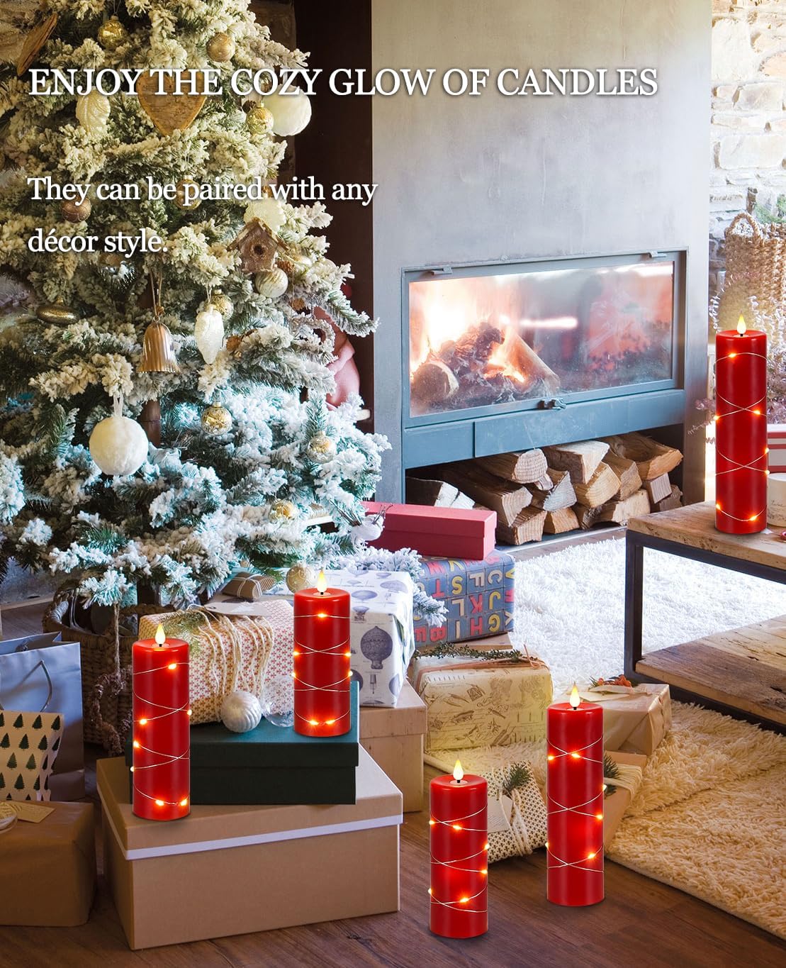 Red Flameless Candle Fairy String Light, Water Drop Flame, Advanced LED Flame Simulation with Remote and Timed Candles, 5-Cell Battery Powered，Christmas Candle