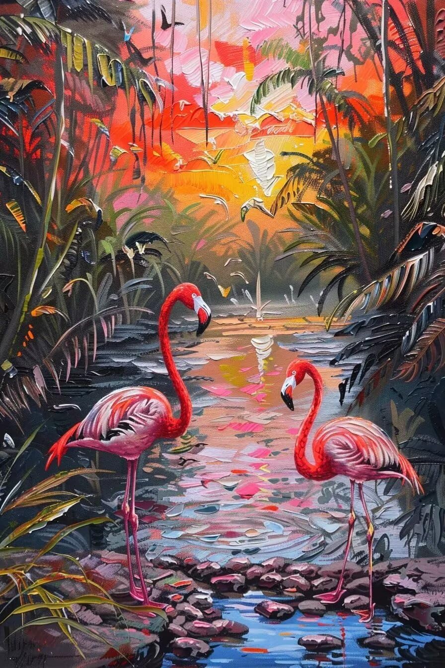 MHELC Adult Diamond Painting Kit,Flamingo 5D Diamond Art Set,Sunset Rainforest Suitable for Beginners DIY Diamond Crystal Craft Kit 20x24 inches
