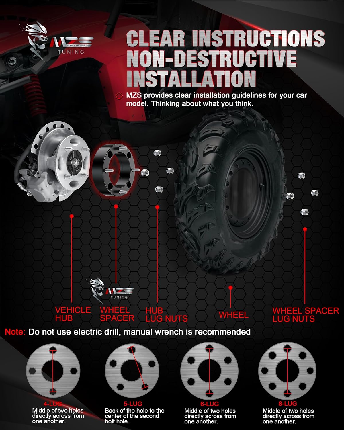 MZS 4x156 Wheel Spacers 131mm + Exhaust Muffler 3" Inlet 4" Outlet Compatible with ATV UTV