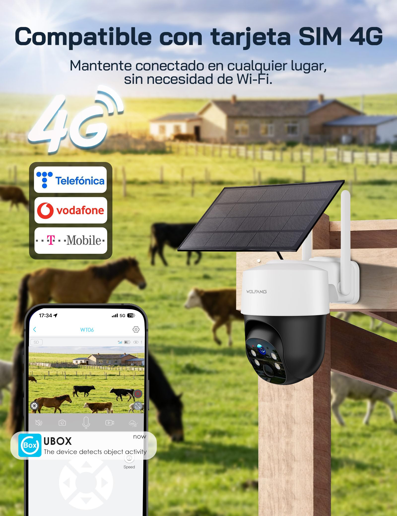 WOLFANG Cámara Vigilancia Exterior Solar 4G con Tarjeta SIM, Cámara De Vigilancia Exterior, 2.5K HD, Visión Nocturna con Foco, Audio Bidireccional, Movimiento PIR, Tarjeta microSD 32 GB
