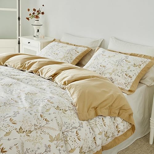 Miniatura 2 de YuHeGuoJi Juego de funda de edredón botánica tamaño Queen, 100 % algodón, 3 piezas, 1 funda de edredón floral con plantas blancas de granja con
