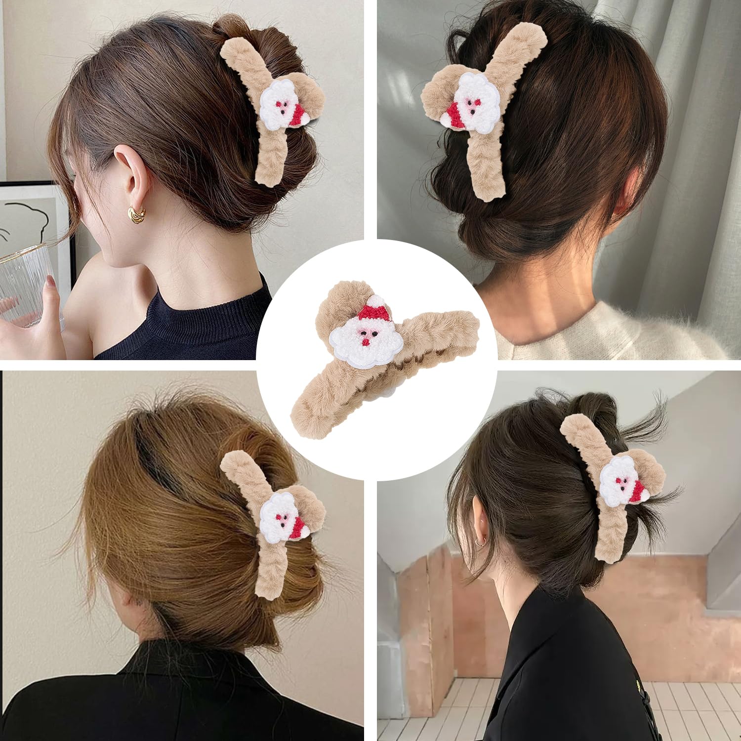 UNVOJL Christmas Hair Claw Clip Fluffy Plush Hair Claw Clips Santa Claus Exquisite Claw Clips Xmas Accessories Decor for Thick Hair (khaki) - Image 4