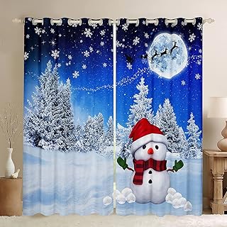 Christmas Curtains Reindeer Snowman Snowflake Window Curtains for Bedroom Living Room for Kids Boys Girls Xmas Theme Winter Decor Window Drapes Dreamy Blue Window Treatments 52W X 84Lï¼Œ2 Panels