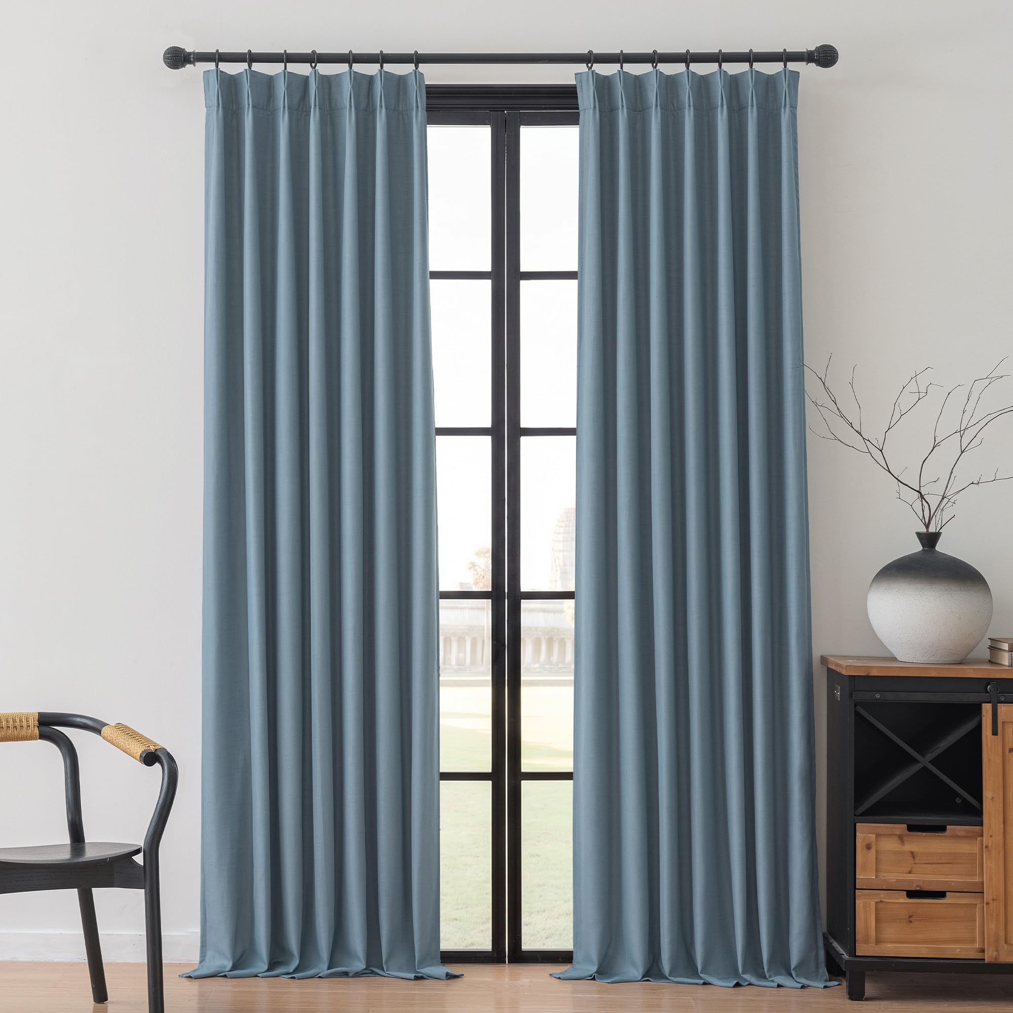 MYSKY HOME Dusty Blue Linen Pinch Pleated 100% Blackout Curtains,2 Panels