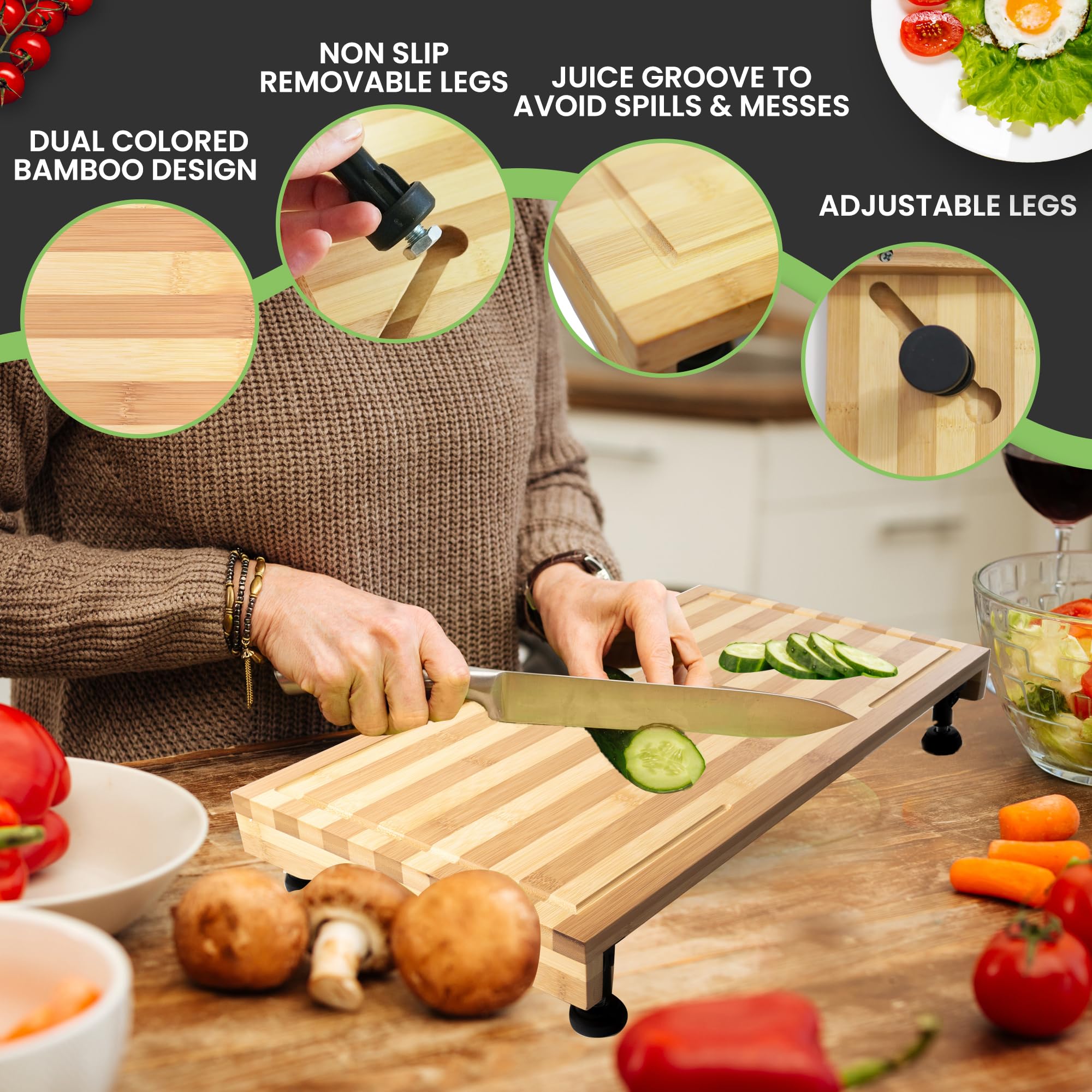 Ceaz Tabla de cortar de bambú con patas ajustables, bloque de carnicero de corte de madera y cubierta de estufa para cocina y caravana, completa con cubiertas de silicona para alimentos