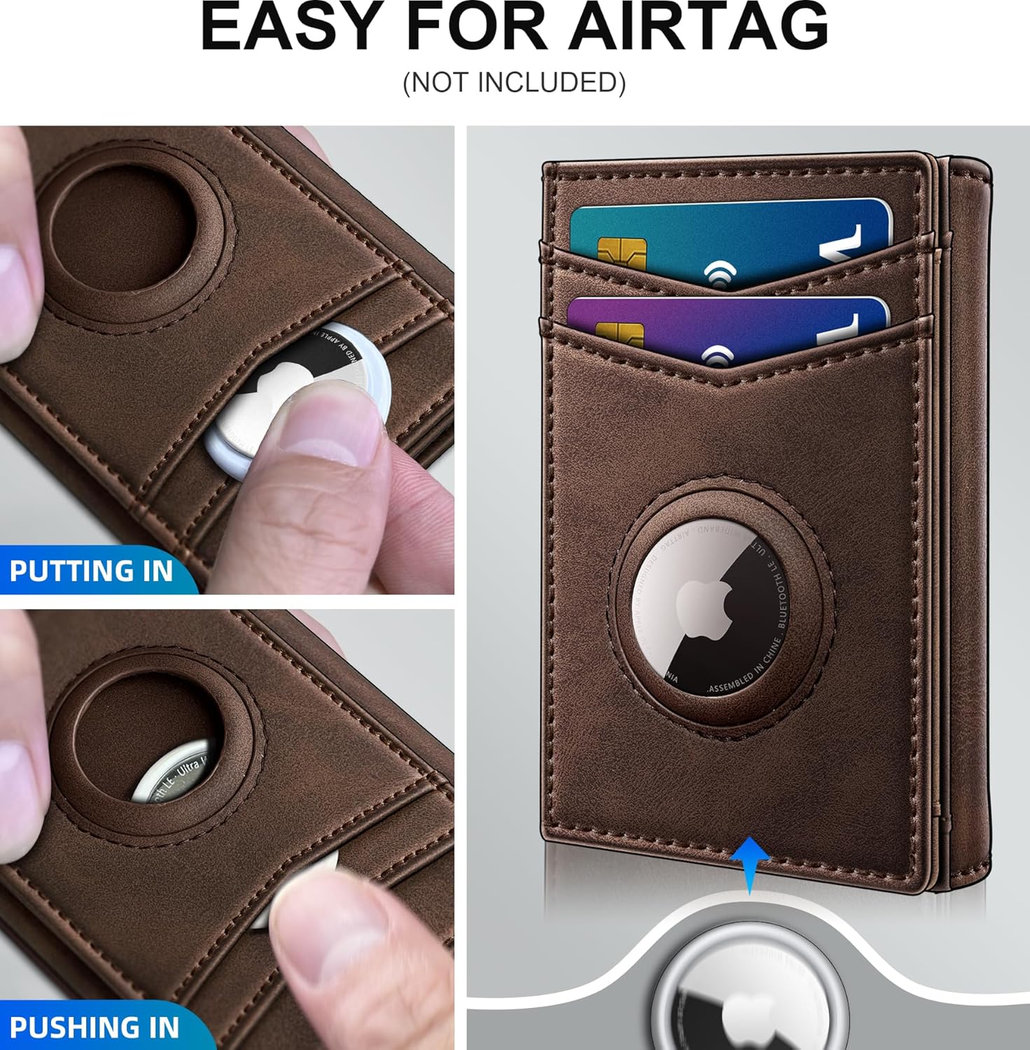 Airtag Wallet for Men,with Cash Pocket 2 ID Window 14-16 Cards Magnetic Closure Slim Trifold Leather Wallet 4.0"x3.1", RFID Blocking Front Pocket Wallet with Gift Box - Image 3