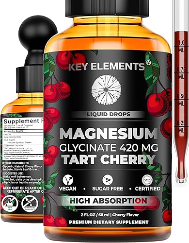 Glicinato de magnesio líquido de 420 mg con extracto natural de cereza ácida  Suplemento de gotas de glicinato de magnesio para apoyar el sueño, el