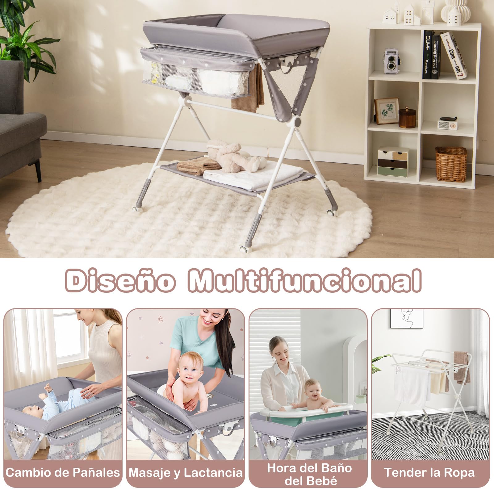 COSTWAY Cambiadora Bebé Portátil, Cambiador Plegable con Altura Ajustable de 3 Niveles, Organizador Móvil para Recién Nacidos con Cesta, Toallero, Estante y Ruedas Universales con Freno (Gris)