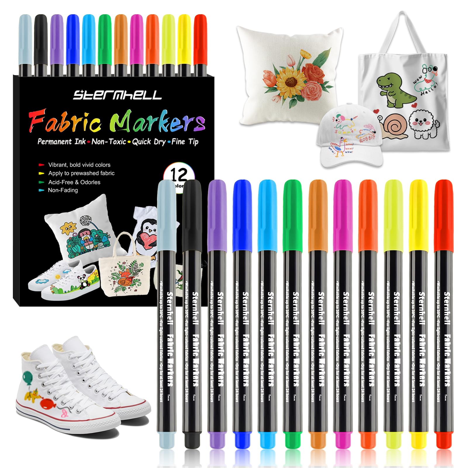 Bolígrafos textiles, 12 colores: marcadores de tela lavables a máquina para manualidades en camisetas, bolsas de tela, zapatos de lona y más