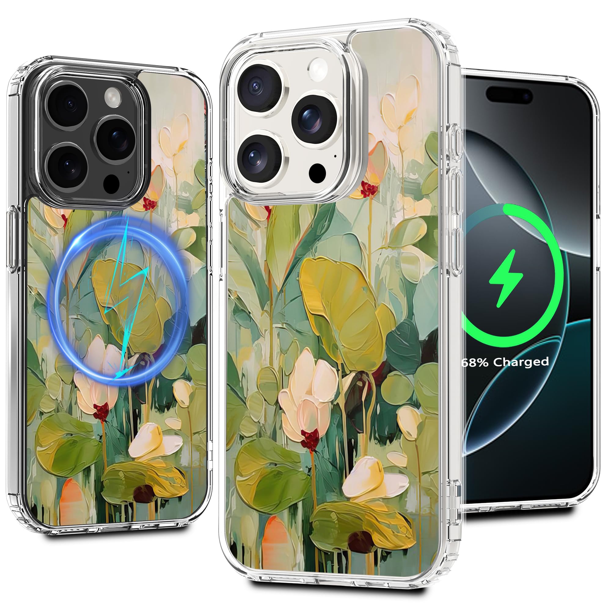 LORYVAN Magnetic Clear Case for iPhone 16 Pro, Floral Printing Pattern Design for Women Girls Shockproof Flower Protective Bumper Non-Yellow MagSafe