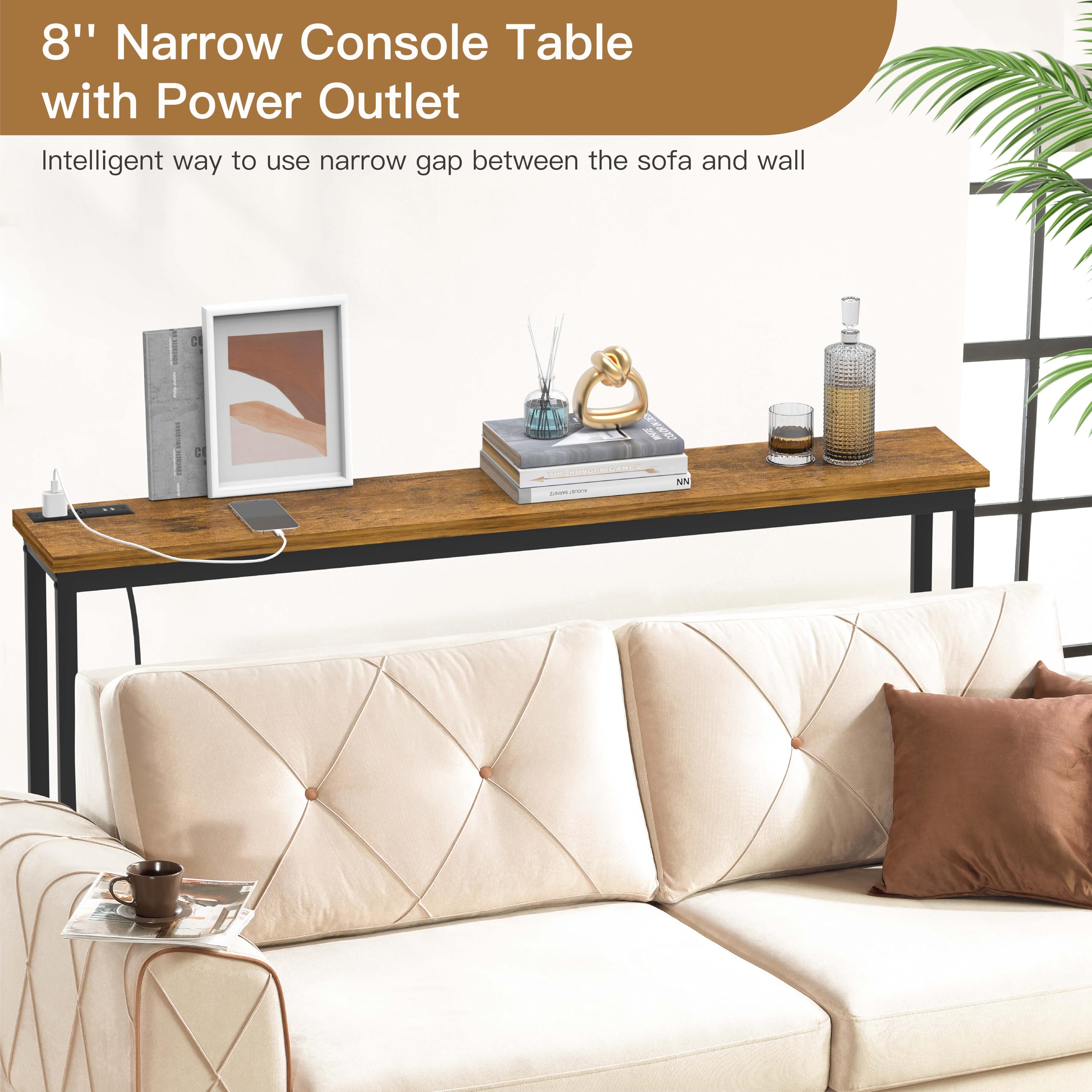 Mesa de sofá de 35 pulgadas de alto, mesa consola estrecha con tomacorriente, mesa de sofá para entrada, pasillo, sala de estar, color marrón 7
