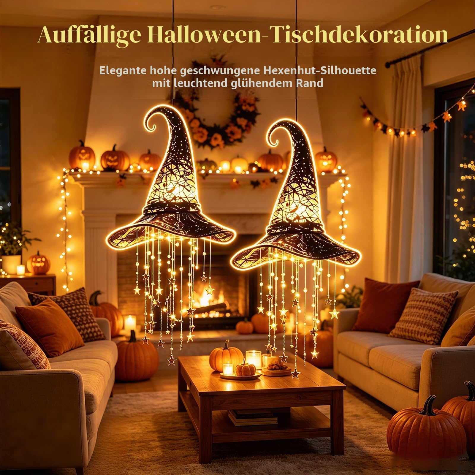 Beleuchtetes Hexenhut-Windspiel, Leuchtendes Gothic-Halloween-Windspiel (2Pcs)