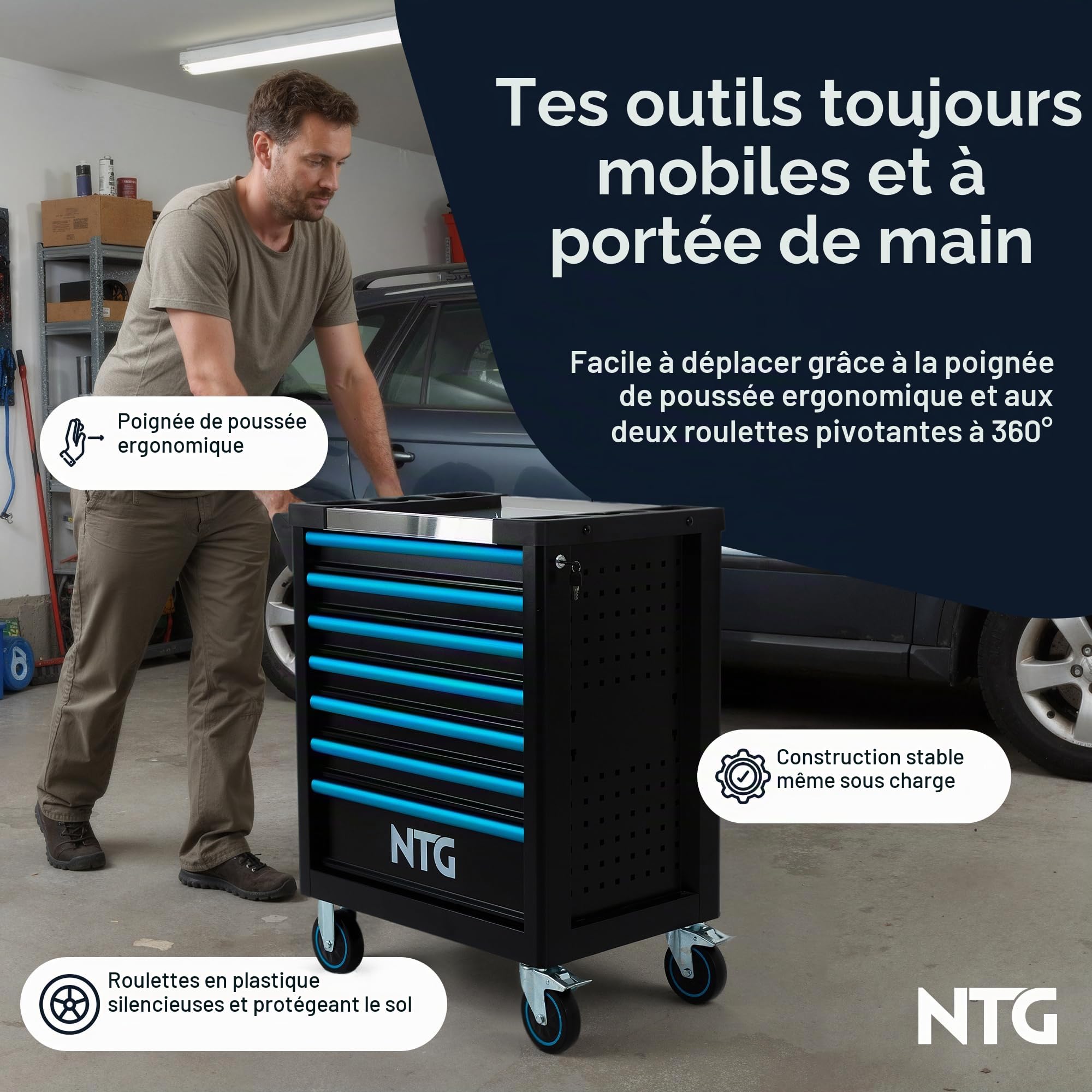 NTG Chariot à outils 7 tiroirs avec 290 pièces d’outil – Servante d’atelier avec verrouillage central, verrouillable, mobile sur roulettes – Coffre à outils professionnel sur roues pour atelier et