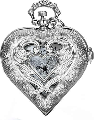 JewelryWe Reloj de bolsillo con colgante de corazón en tono plateado vintage para niñas, señoras y mujeres con cadena de 30 pulgadas para Navidad