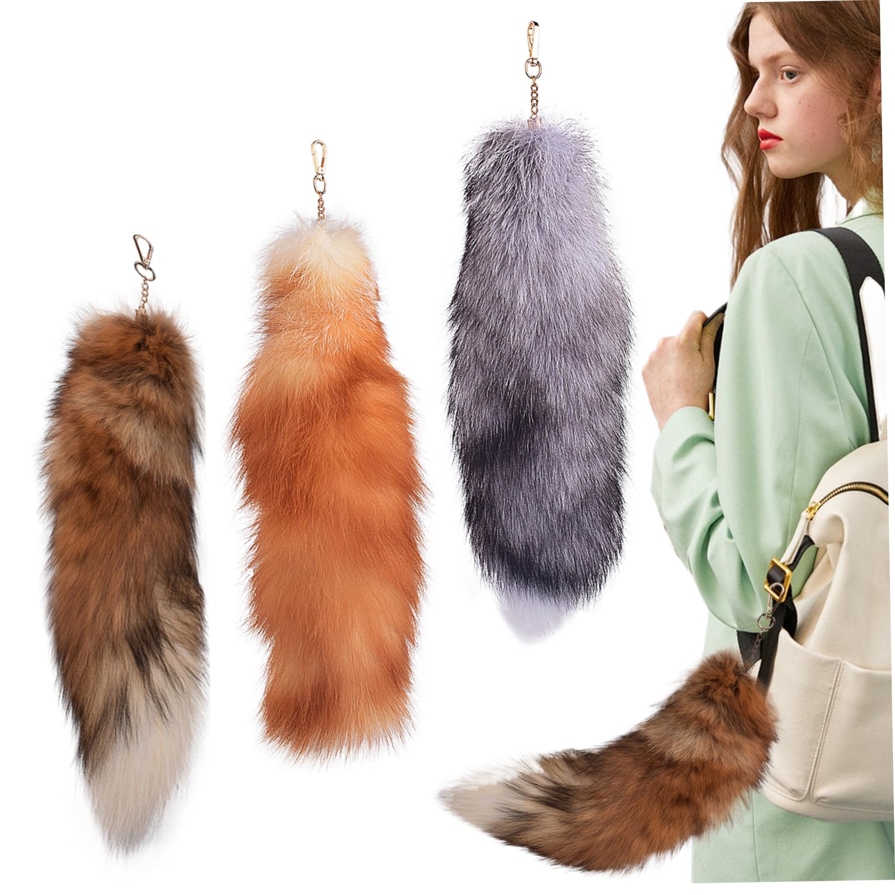 Pineeseatile Unisex 3Pcs Therian Tail 15.8 Inch Long Therian Fox Tail With Clasp Soft Fluffy Fox Keychain For Handbag Backpack