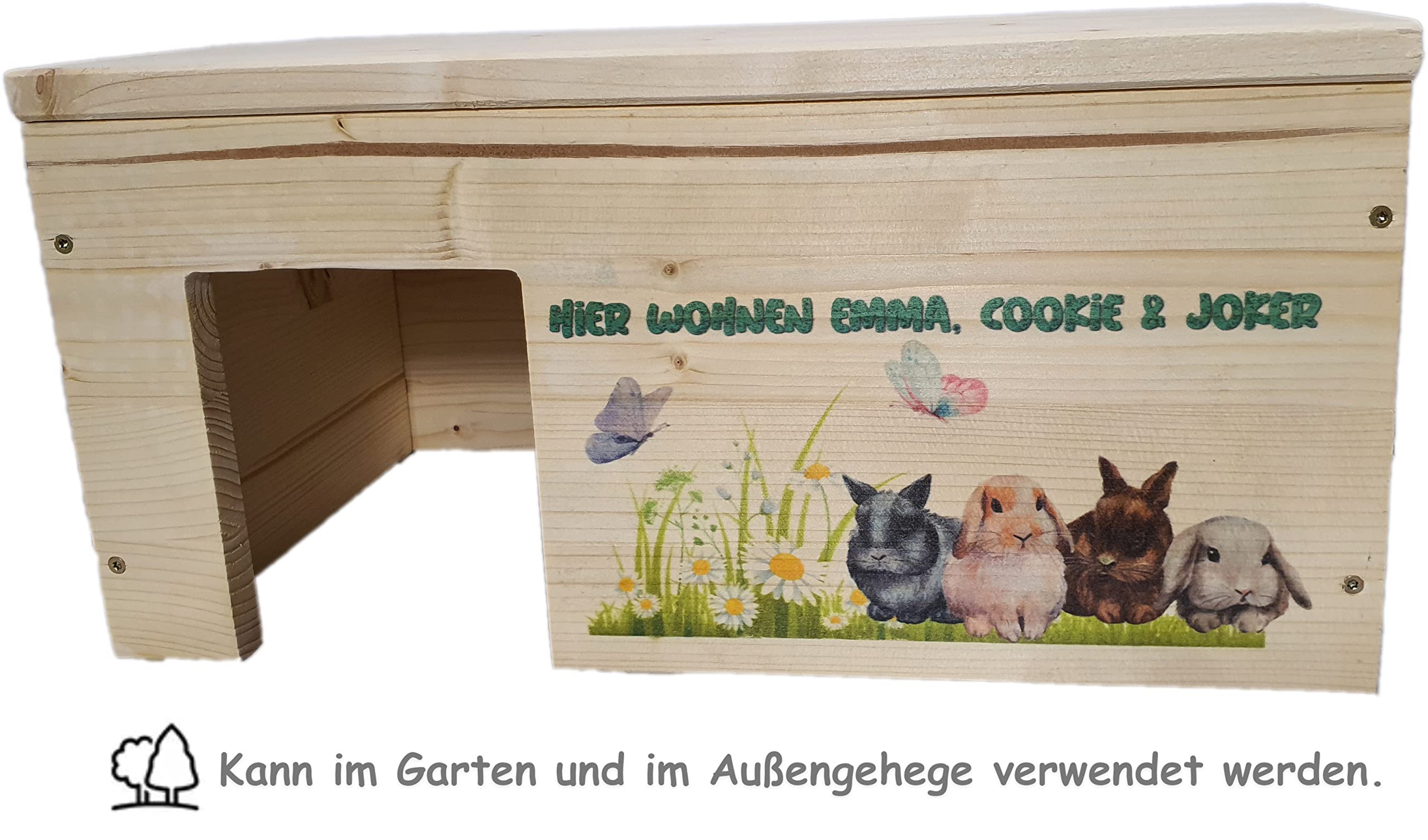 Kaninchenhaus Personalisiert mit Wunschnamen ihrer Hasen mit 2 Eingängen, Stabil, Holzlasur & Aufklappbar / 45x25x22cm