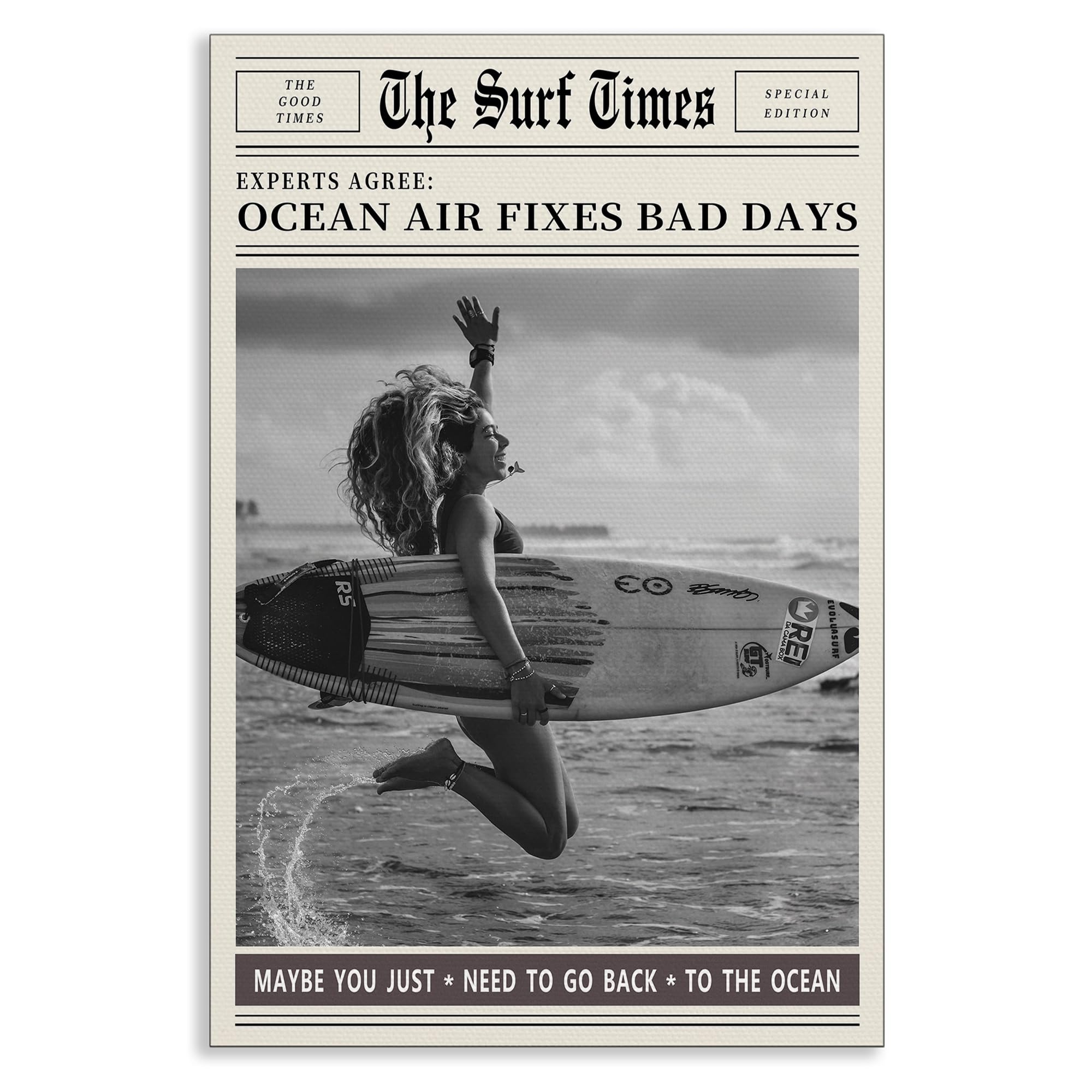 The Surf Times Girl Surfer Silhouette Canvas Wall Art, Black White Newspaper Surfing Poster, Summer Beach Picture Wall Decor, Coastal Beachy Ocean Air Fixes Bad Days Quote Print 12x16in Unframed