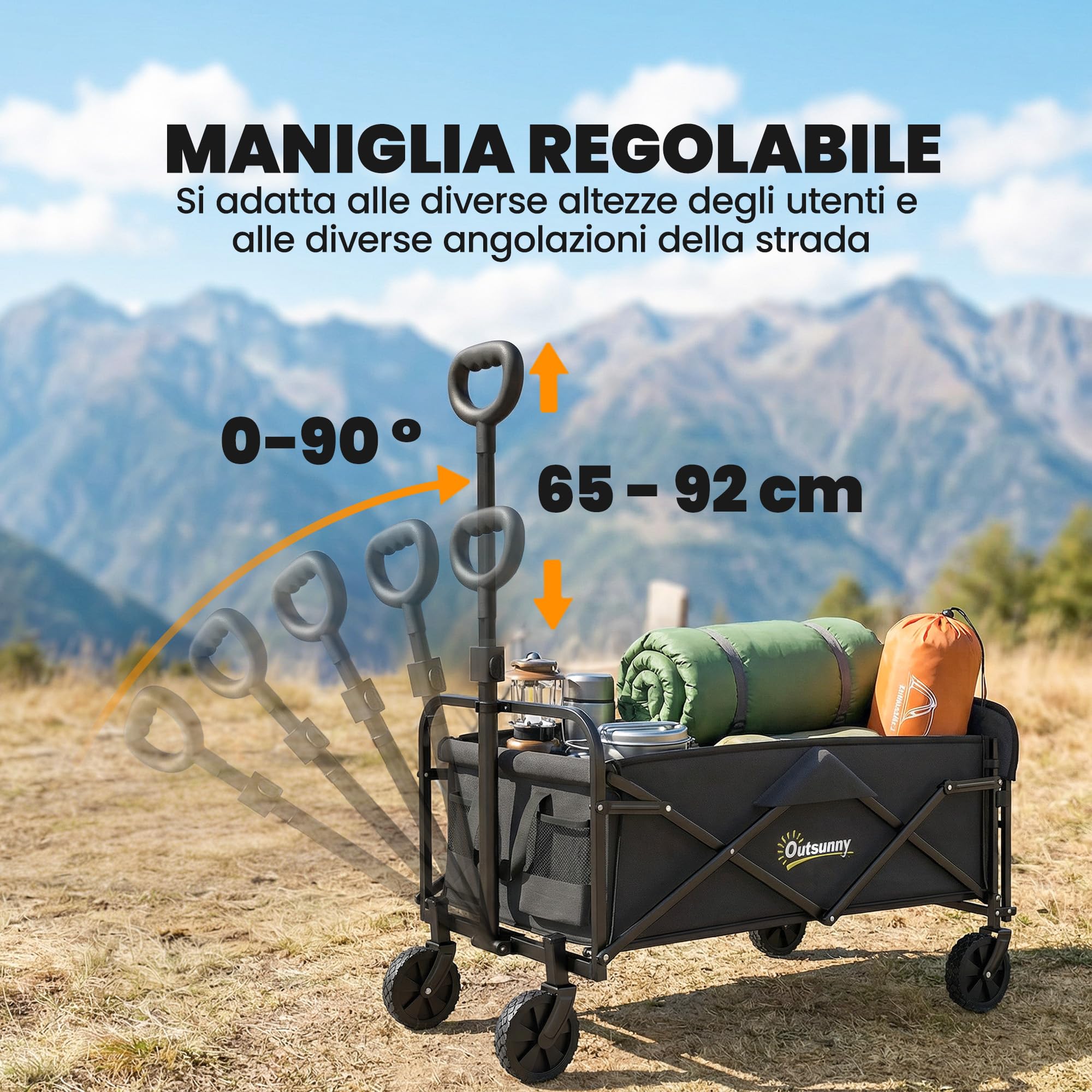 Outsunny Carrello da Giardino Pieghevole 72L con 4 Ruote, Carrello da Campeggio in Tessuto Oxford con Borsa da Trasporto e Maniglia Regolabile per Picnic, Spiaggia e Pesca, Nero