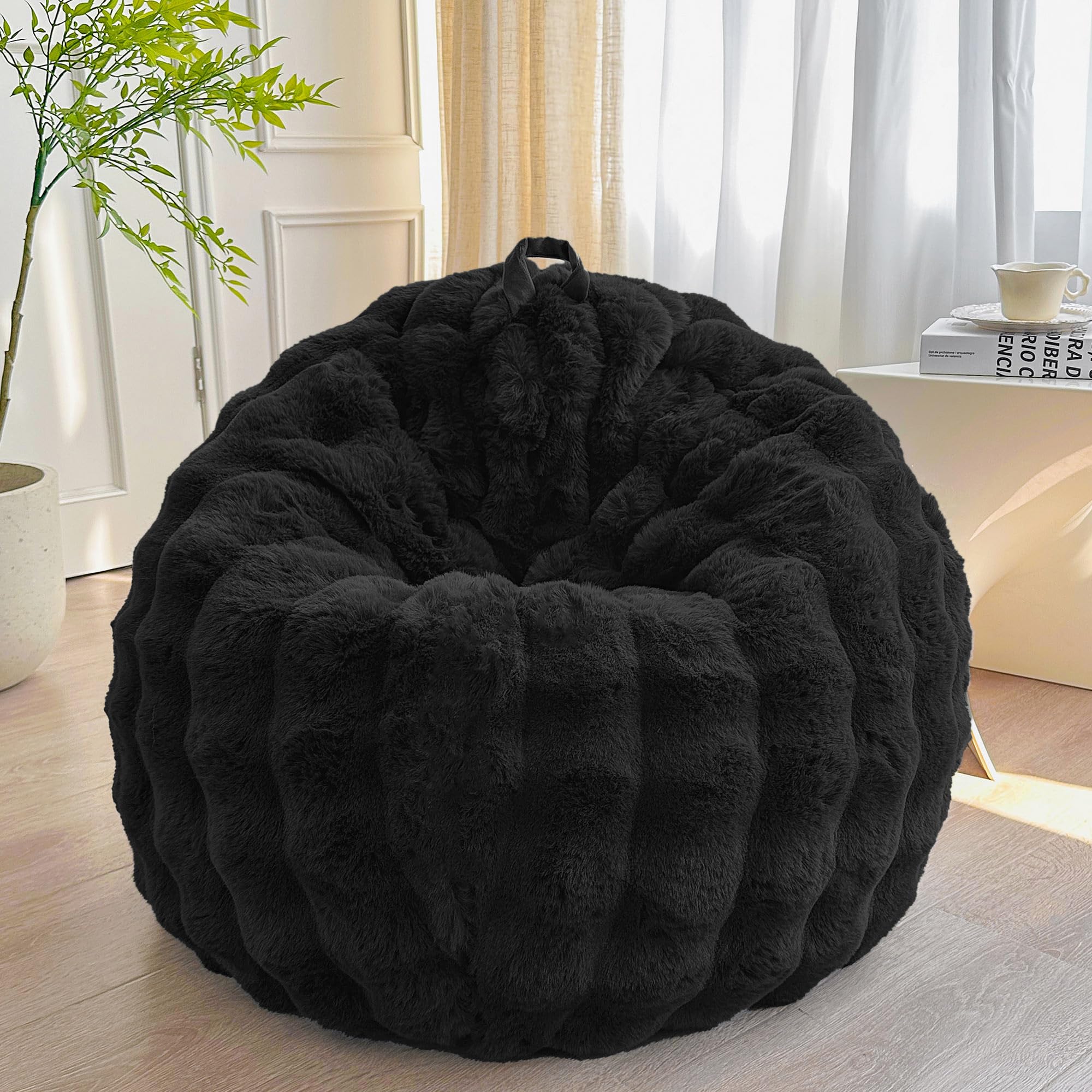 LIFEREVO 3FT Fluffy Faux Rabbit Fur Bean Bag Chair Cover, No Filler, Black