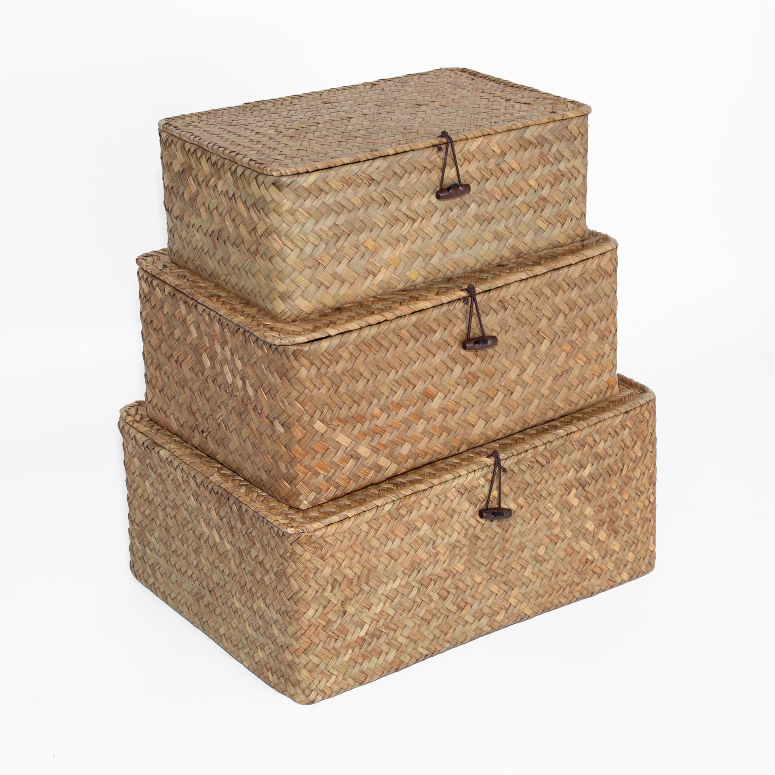 Wickerfield Seagrass Storage Basket Box with Lid, Wicker Decorative Storage Boxes with Lids, Handwoven Wicker Storage Basket with Lid, Woven Rattan Hamper Box Home Organizer for Shelves (Set (L+M+S))