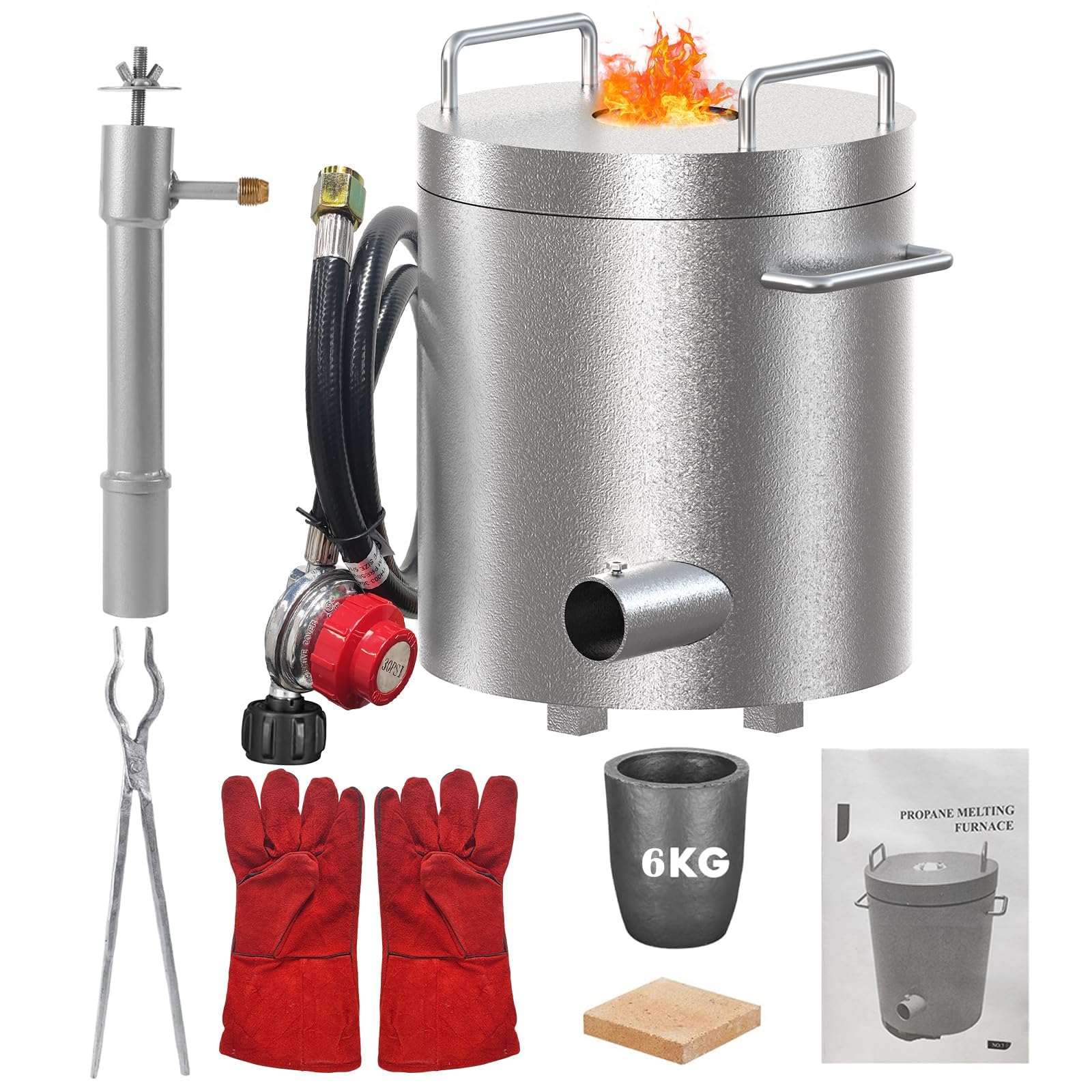 Metal Melting Furnace Kit, 6KG Propane Melting Furnace with Crucibles & Tongs Kiln, 1300°C Metal Recycling Casting Tool for Melting Gold, Silver, Copper and Aluminum