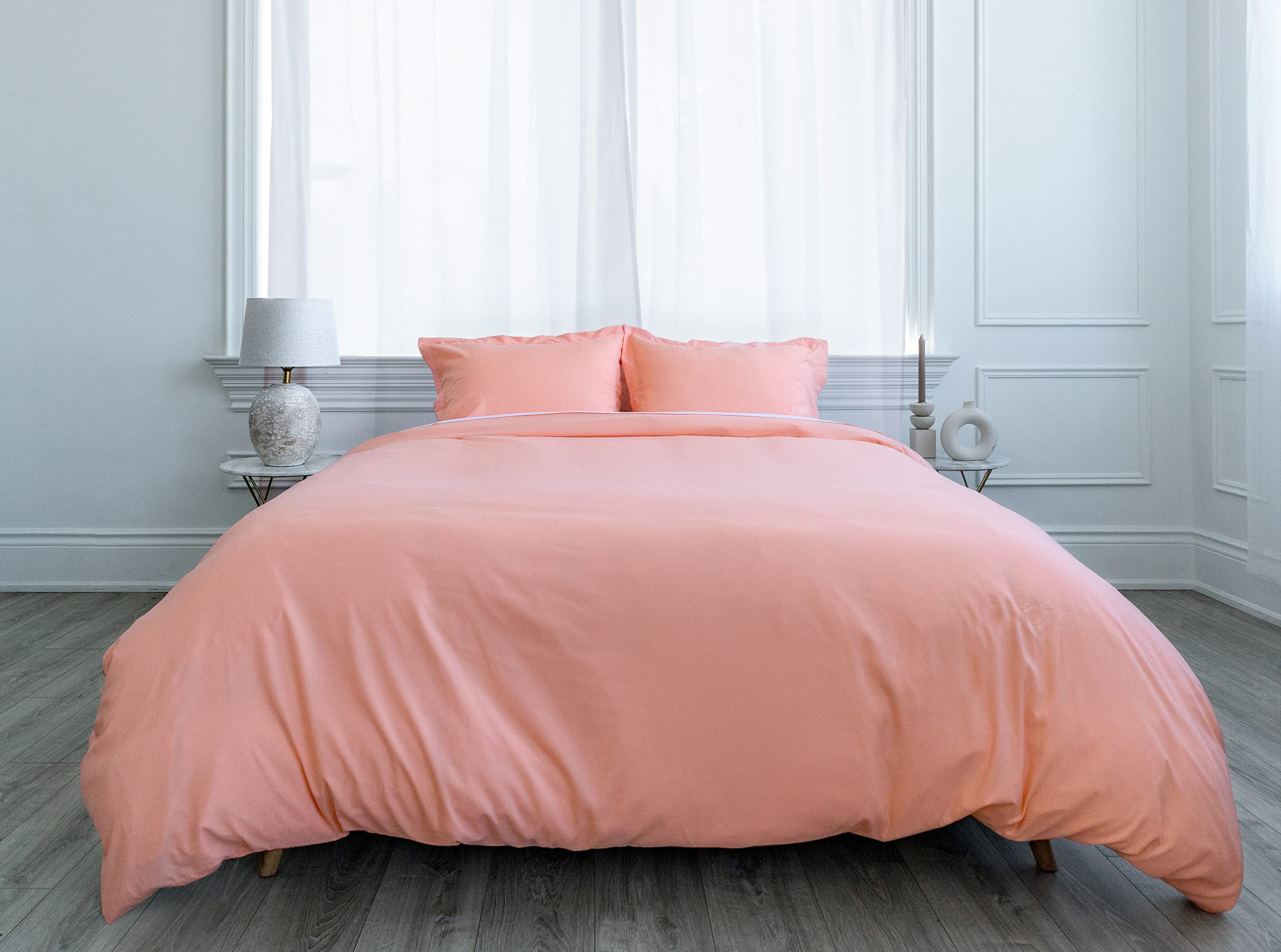 Everspread Duvet Cover Set, 2 Piece (1 Cover + 1 Pillow Sham), Double Brushed Microfiber Soft Breathable Bedding, Zipper Closure, Comforter Corner Ties, Protects & Covers, Twin Size - Peach Parfait