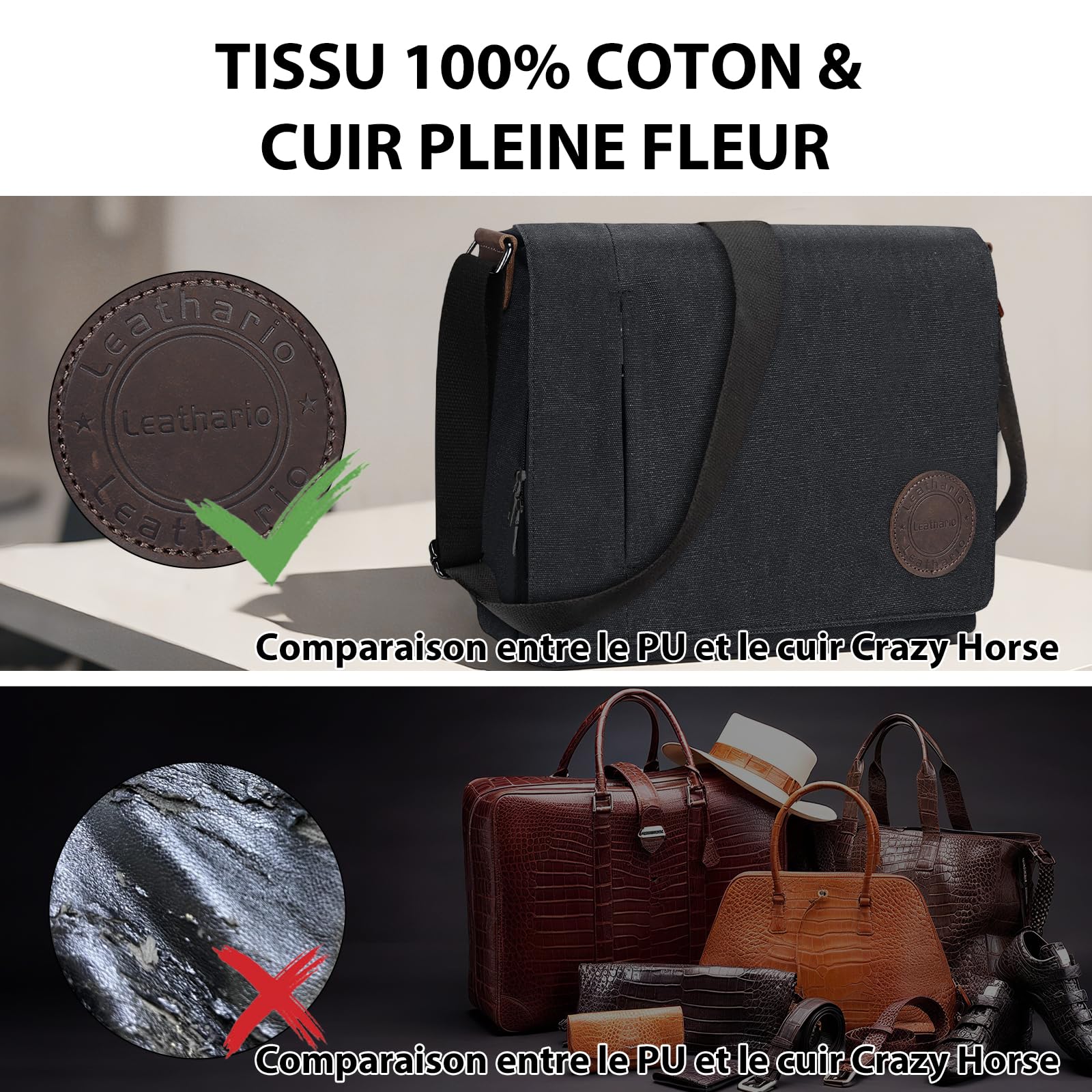 Leathario Besace Homme en Toile et Cuir Véritable, Sacs d'épaule Sac Bandoulière Rétro Vintagepour Travail Voyage Loisirs Bureau Université Ecole