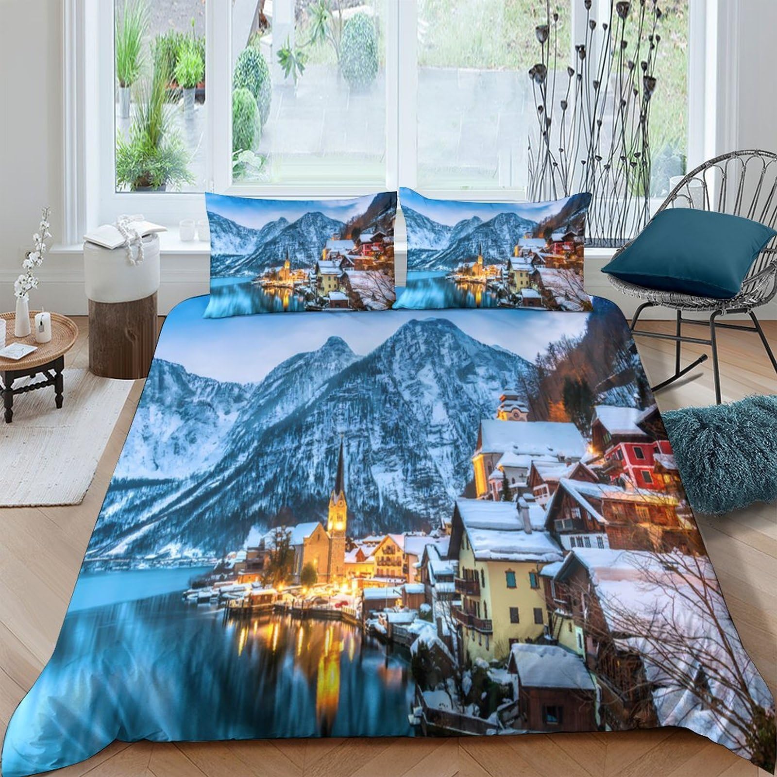 Ctjqhvkz Style-6 3D Printed Alpine Mountain Village Fitted Sheet Microfiber Winter Landscape Bed Cover For Bedroom Decor Single（135X200cm）