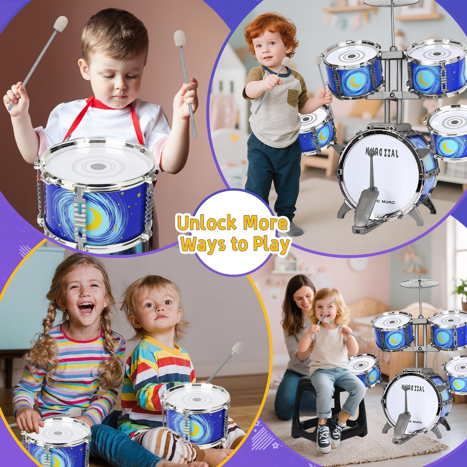 Kinder Schlagzeug Spielzeug von 3-7 Jahre - Kinderspielzeug Schlagwerk Drumset mit Hocker Musikspielzeug Weihnachten Geburtstag Geschenk für Kleinkinder Jungen Mädchen, Blau | Pädagogisches Musikinstrument für Anfänger, Geschenk für Kinder Mädchen Geburts