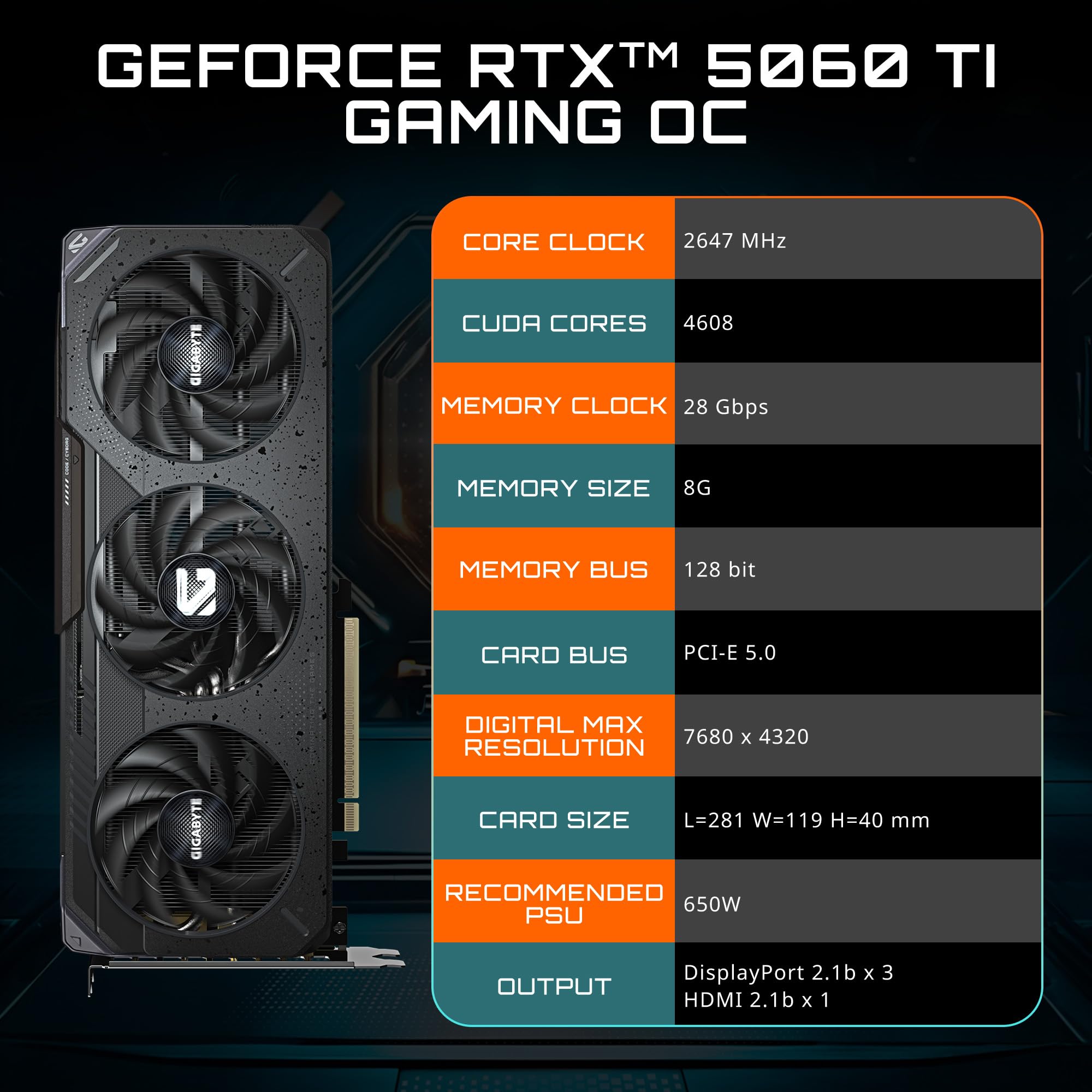 GIGABYTE GeForce RTX 5060 Ti Gaming OC 8G Scheda Grafica 8 GB 128-bit GDDR7, PCIe 5.0, Sistema di raffreddamento WINDFORCE, scheda video GV-N506TGAMING OC-8GD
